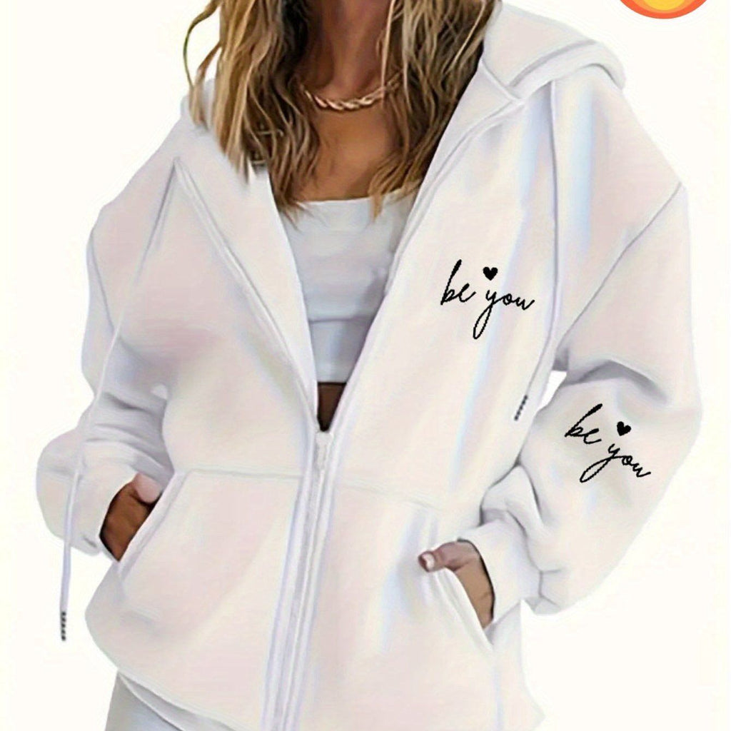 Women's Casual Zip-Up Hoodie with Letter Print, Machine Washable Comfort Lining, Warm Autumn/Winter Sweatshirt, Cute Design, Comfortable Wear   OAXG White / S