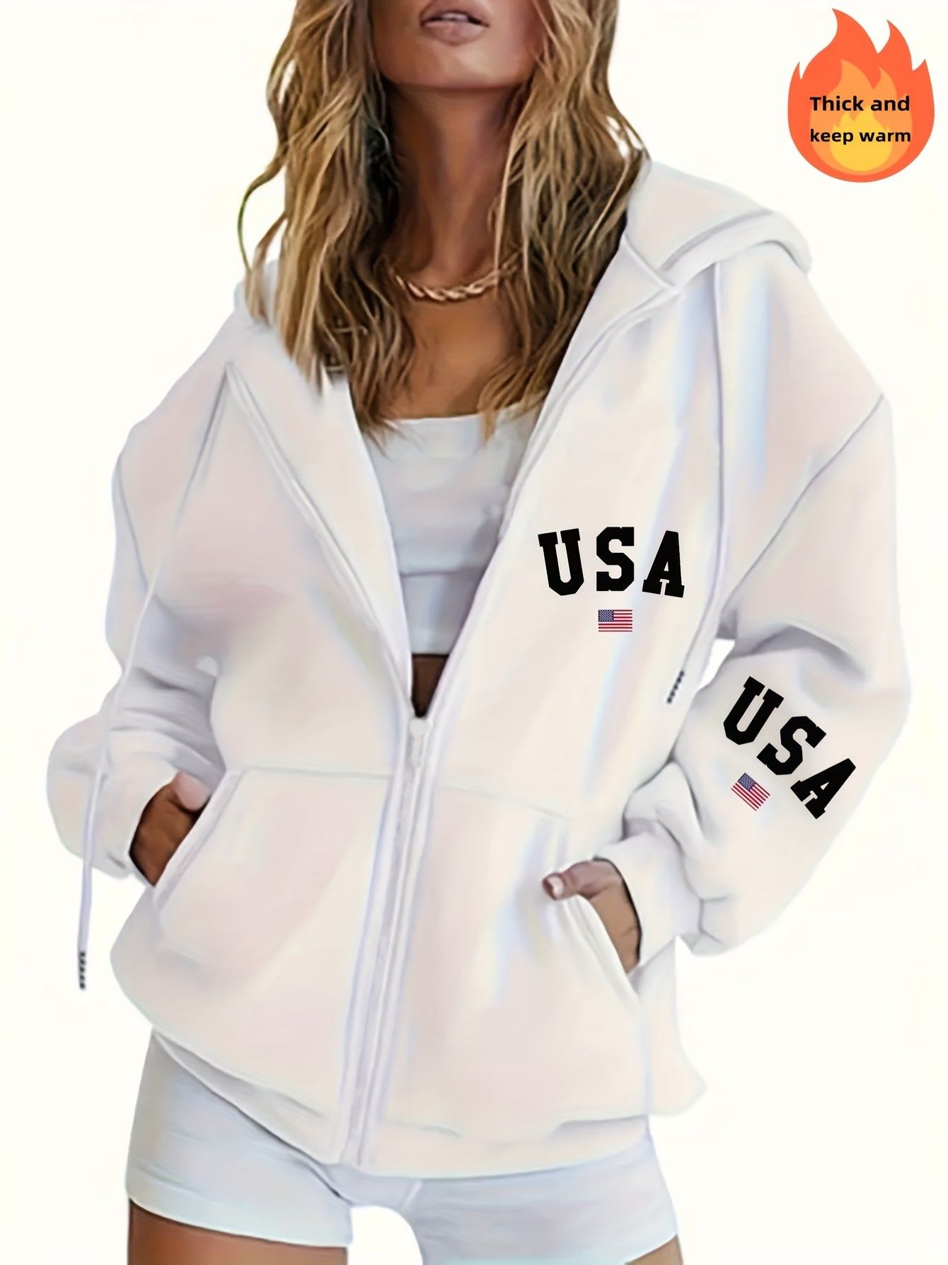Women's Casual Zip-Up Hoodie with Letter Print, Machine Washable Comfort Lining, Warm Autumn/Winter Sweatshirt, Cute Design, Comfortable Wear   OAXG White / S
