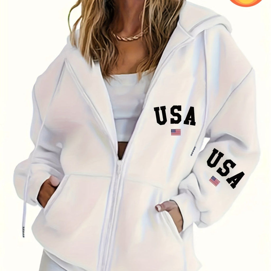 Women's Casual Zip-Up Hoodie with Letter Print, Machine Washable Comfort Lining, Warm Autumn/Winter Sweatshirt, Cute Design, Comfortable Wear   OAXG White / S
