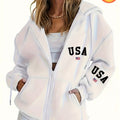 Women's Casual Zip-Up Hoodie with Letter Print, Machine Washable Comfort Lining, Warm Autumn/Winter Sweatshirt, Cute Design, Comfortable Wear   OAXG White / S