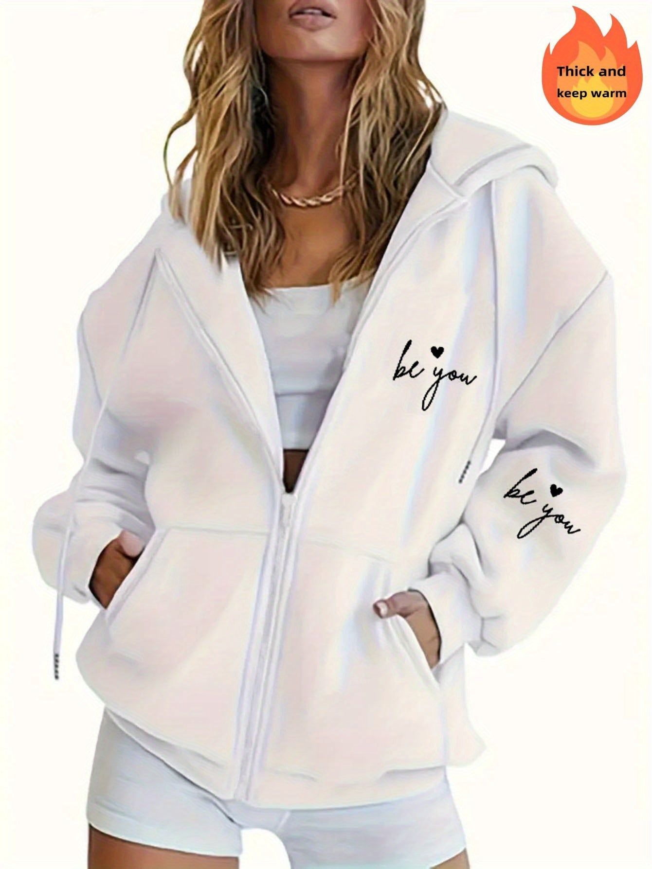 Women's Casual Zip-Up Hoodie with Letter Print, Machine Washable Comfort Lining, Warm Autumn/Winter Sweatshirt, Cute Design, Comfortable Wear   OAXG White / S