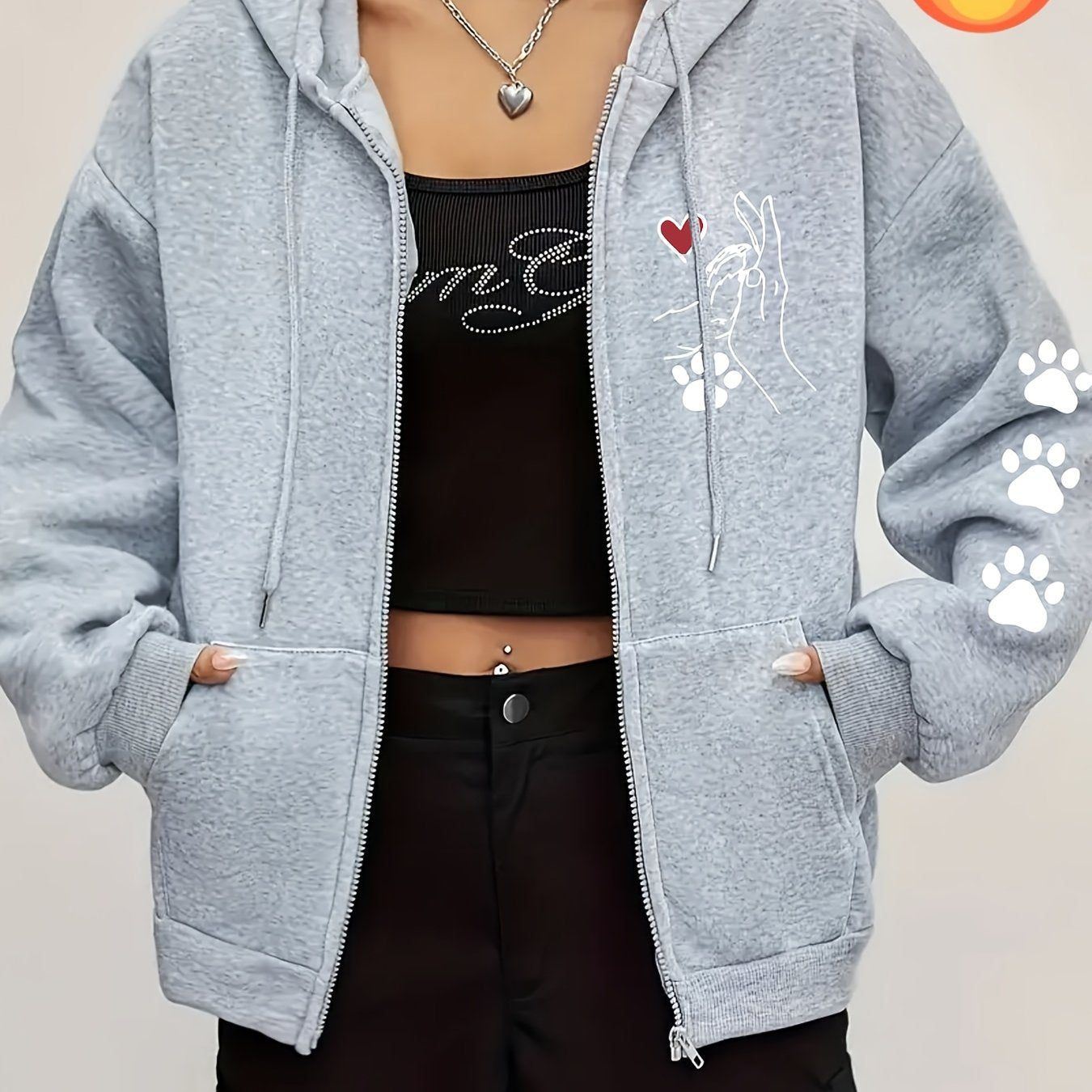 Women's Casual Zip-Up Hoodie with Printed Bear Paw Sleeve Design, Machine Washable Comfort Lining, Warm Autumn/Winter Sweatshirt, Cute Design for Cozy Wear   OAXG Black / S