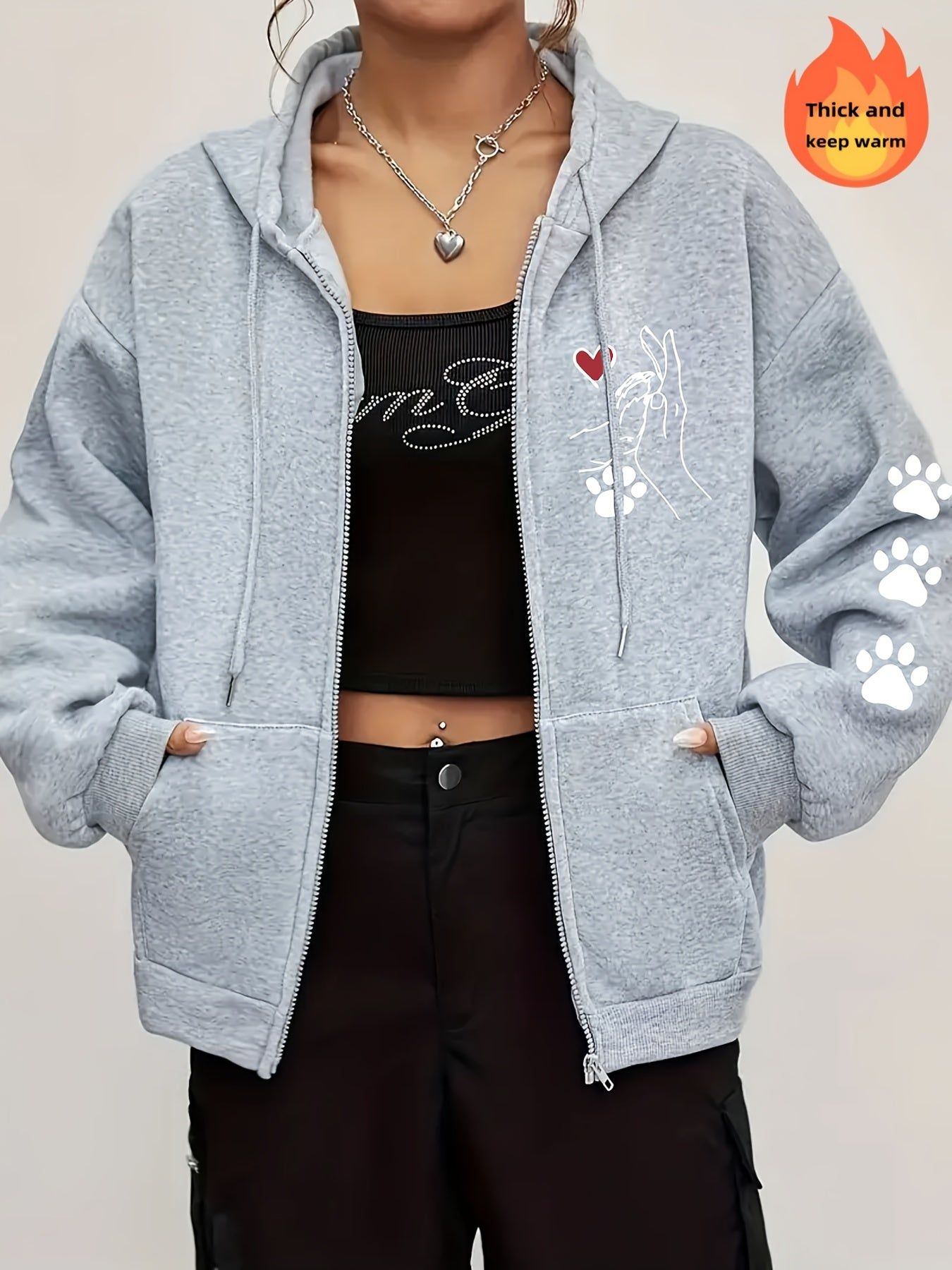 Women's Casual Zip-Up Hoodie with Printed Bear Paw Sleeve Design, Machine Washable Comfort Lining, Warm Autumn/Winter Sweatshirt, Cute Design for Cozy Wear   OAXG Black / S