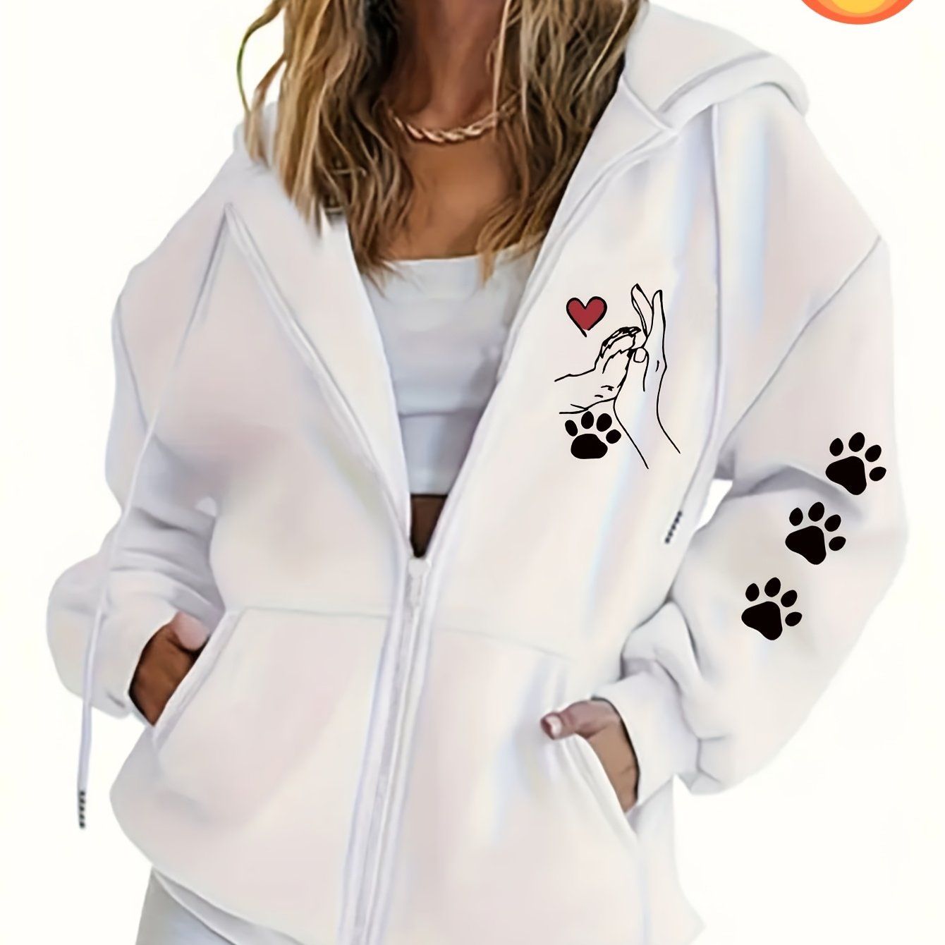 Women's Casual Zip-Up Hoodie with Printed Bear Paw Sleeve Design, Machine Washable Comfort Lining, Warm Autumn/Winter Sweatshirt, Cute Design for Cozy Wear   OAXG Black / S
