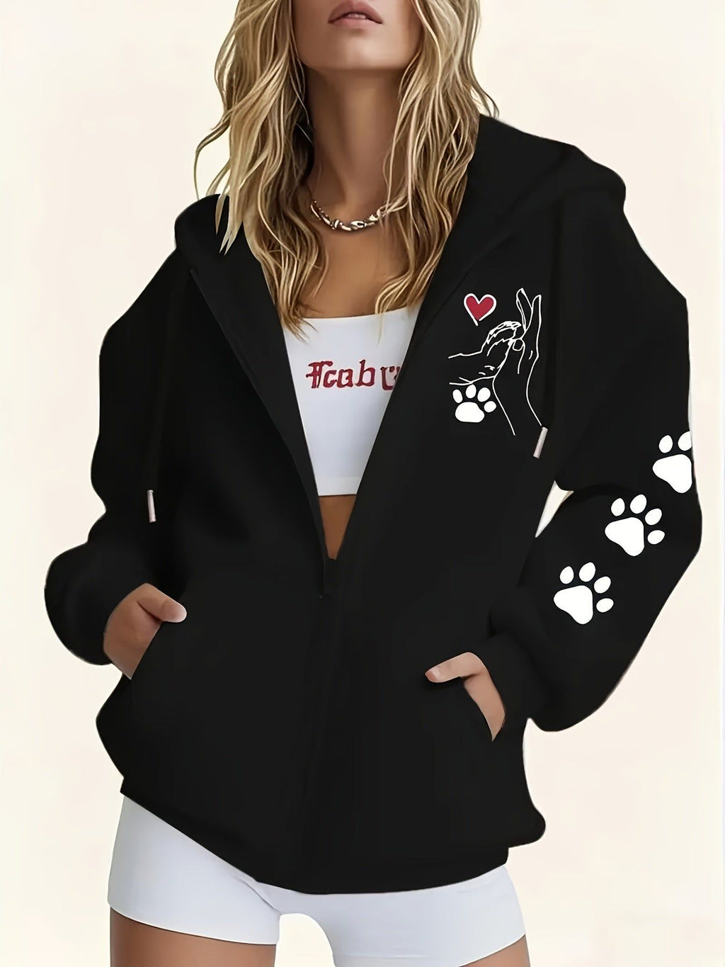 Women's Casual Zip-Up Hoodie with Printed Bear Paw Sleeve Design, Machine Washable Comfort Lining, Warm Autumn/Winter Sweatshirt, Cute Design for Cozy Wear   OAXG Black / S