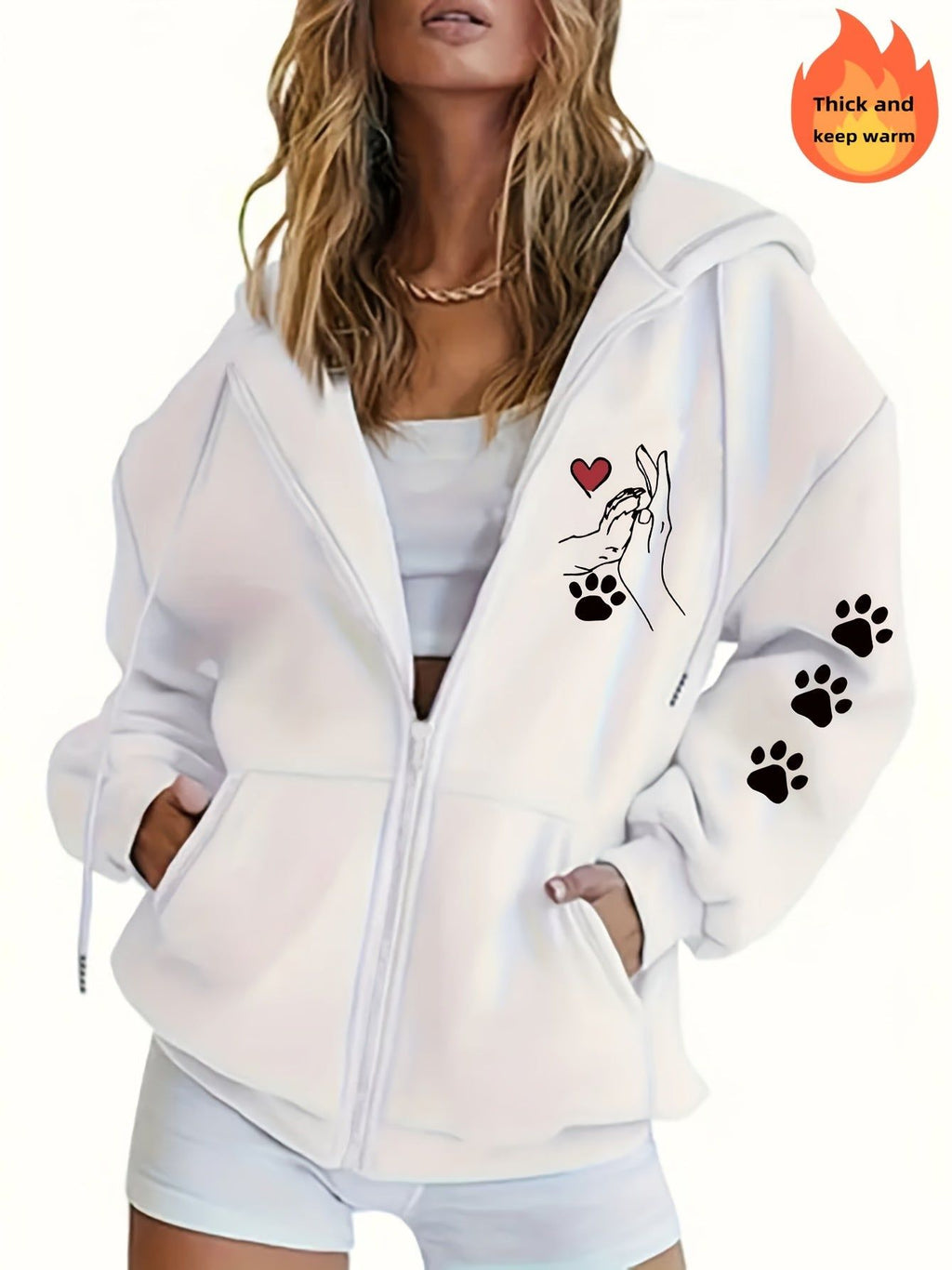 Women's Casual Zip-Up Hoodie with Printed Bear Paw Sleeve Design, Machine Washable Comfort Lining, Warm Autumn/Winter Sweatshirt, Cute Design for Cozy Wear   OAXG Black / S