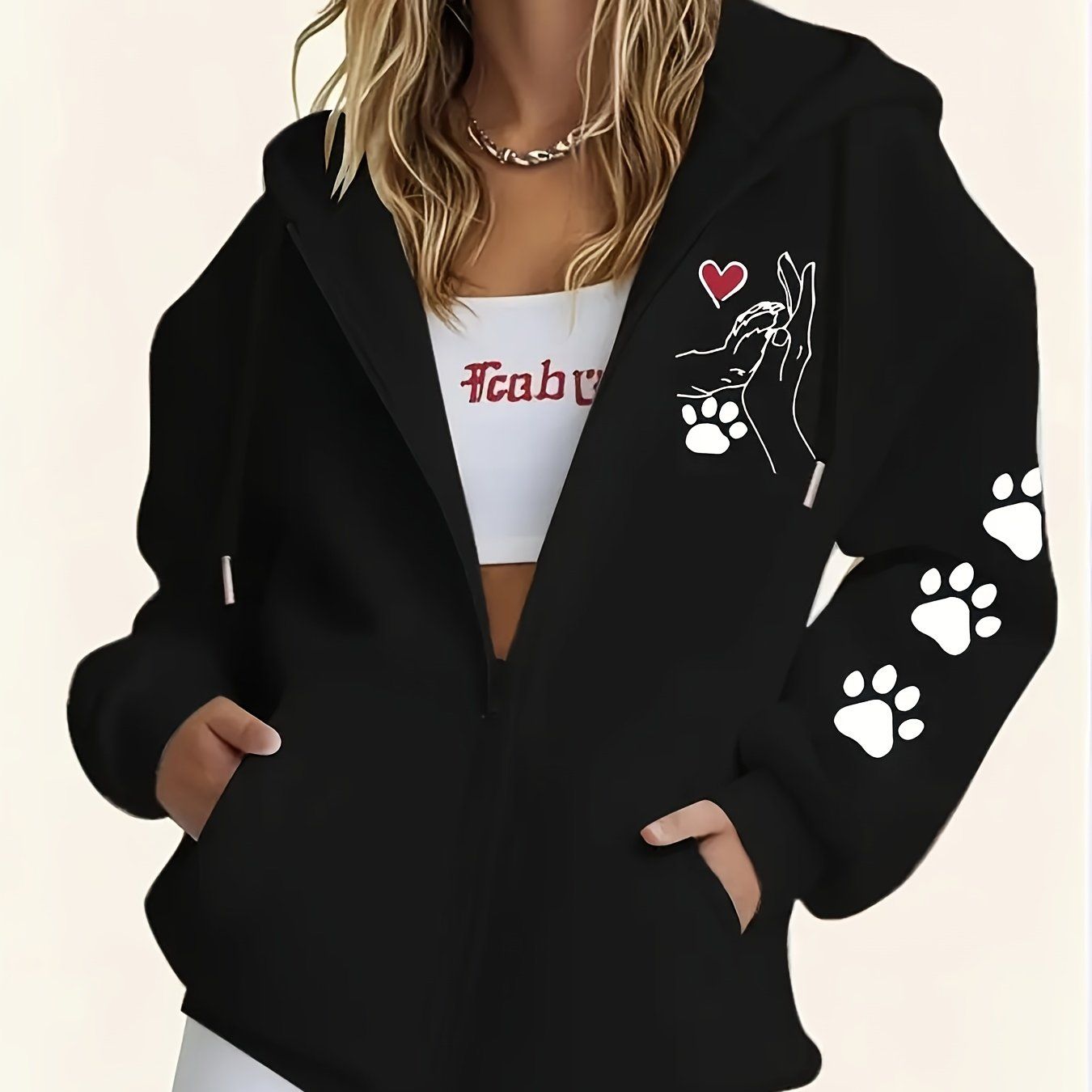 Women's Casual Zip-Up Hoodie with Printed Bear Paw Sleeve Design, Machine Washable Comfort Lining, Warm Autumn/Winter Sweatshirt, Cute Design for Cozy Wear   OAXG Black / S
