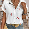 Women's Cherry Print Button-Up Shirt - Lightweight Casual Blouse   OAXG Multicolor / S