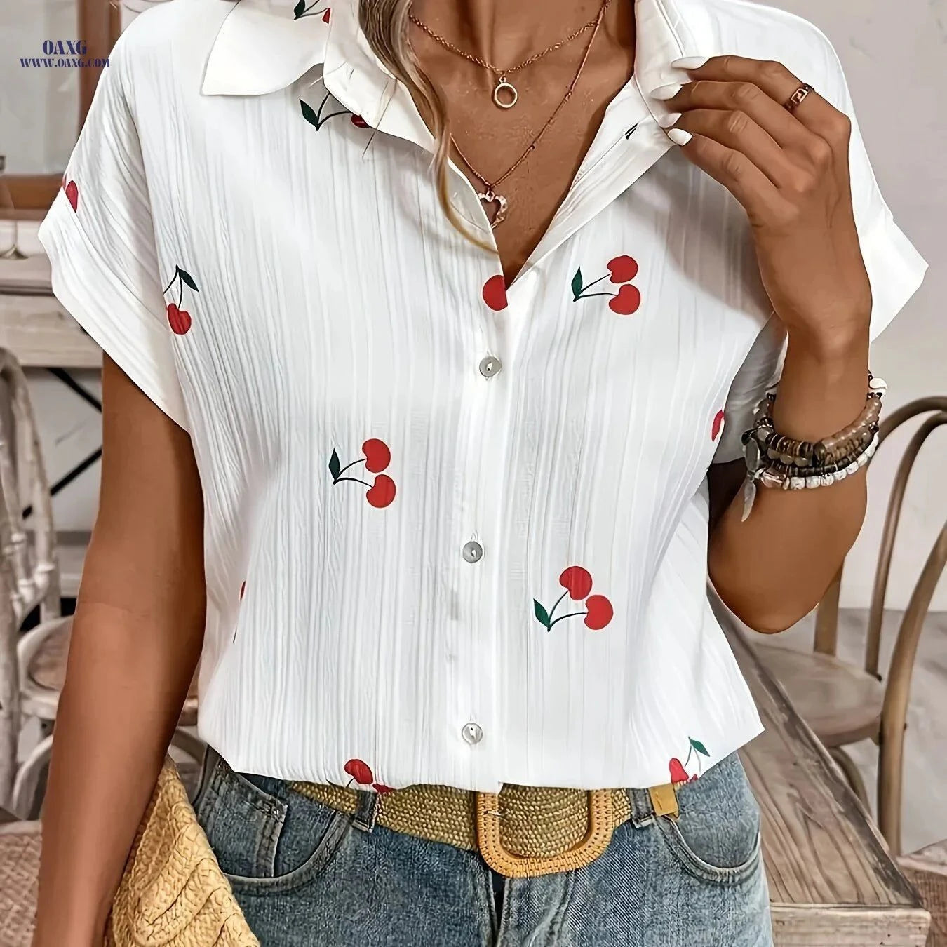 Women's Cherry Print Button-Up Shirt - Lightweight Casual Blouse   OAXG Multicolor / S