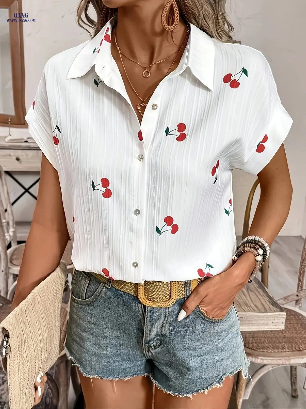Women's Cherry Print Button-Up Shirt - Lightweight Casual Blouse   OAXG Multicolor / S