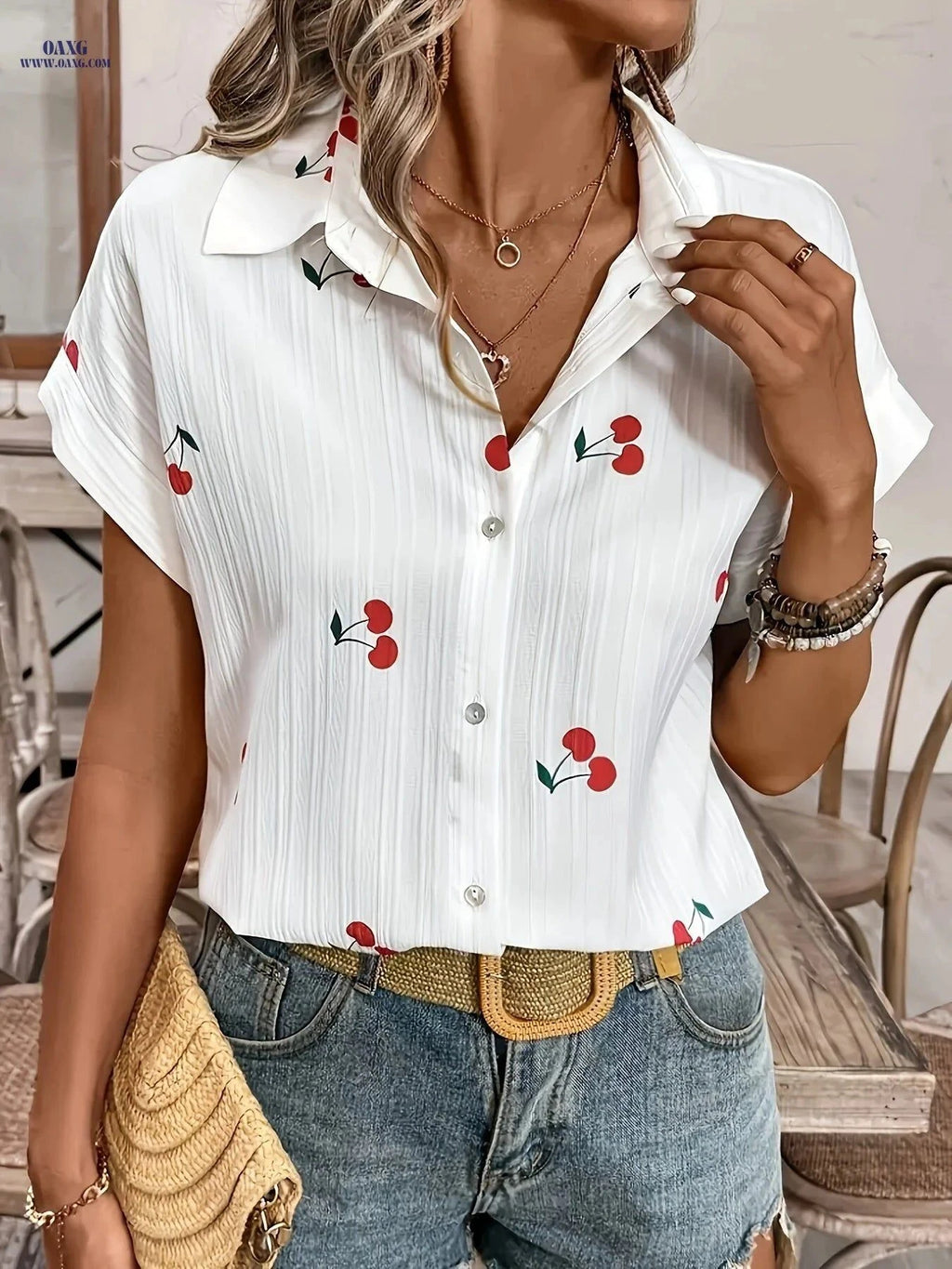 Women's Cherry Print Button-Up Shirt - Lightweight Casual Blouse   OAXG Multicolor / S