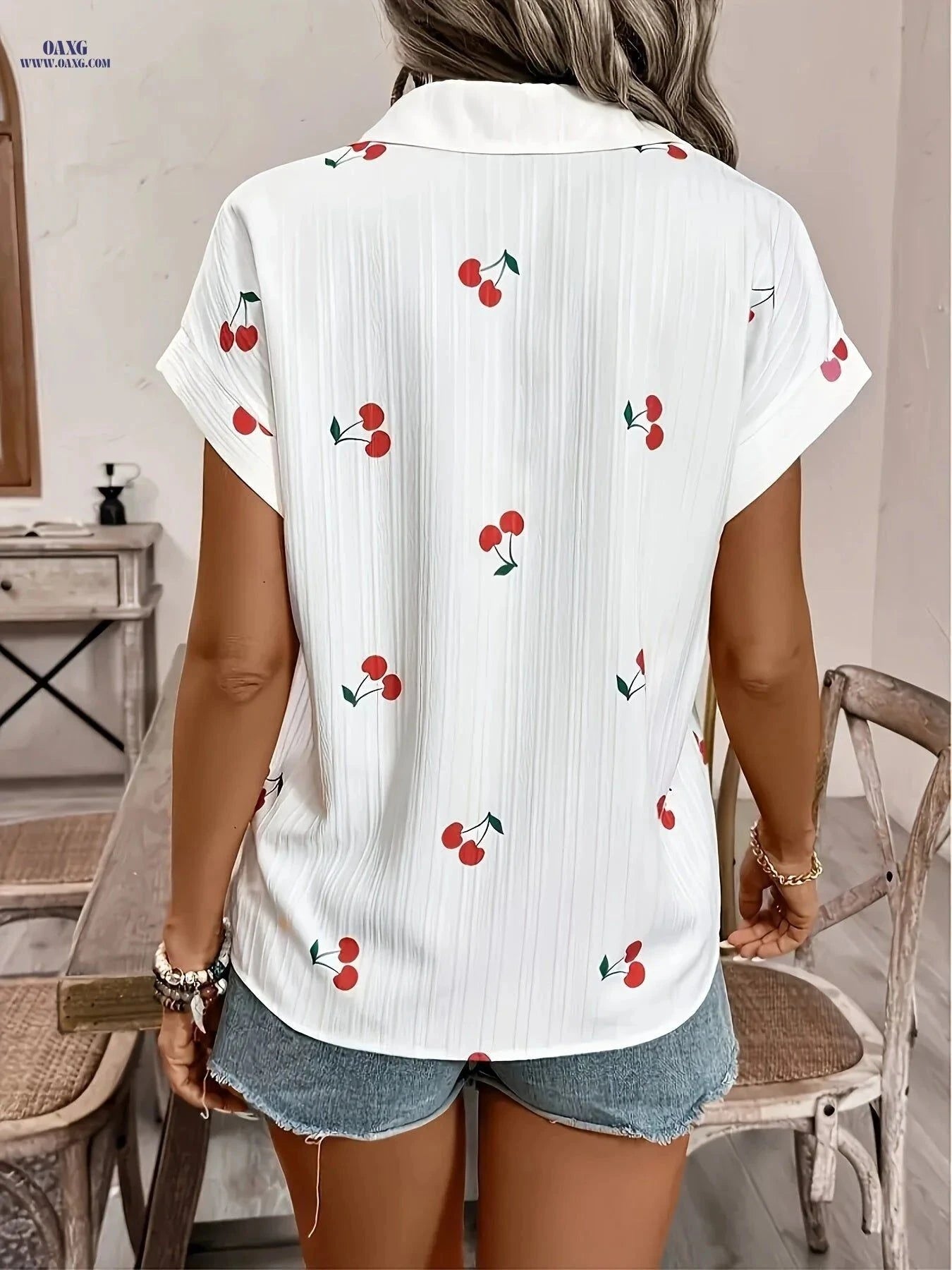 Women's Cherry Print Button-Up Shirt - Lightweight Casual Blouse   OAXG Multicolor / S