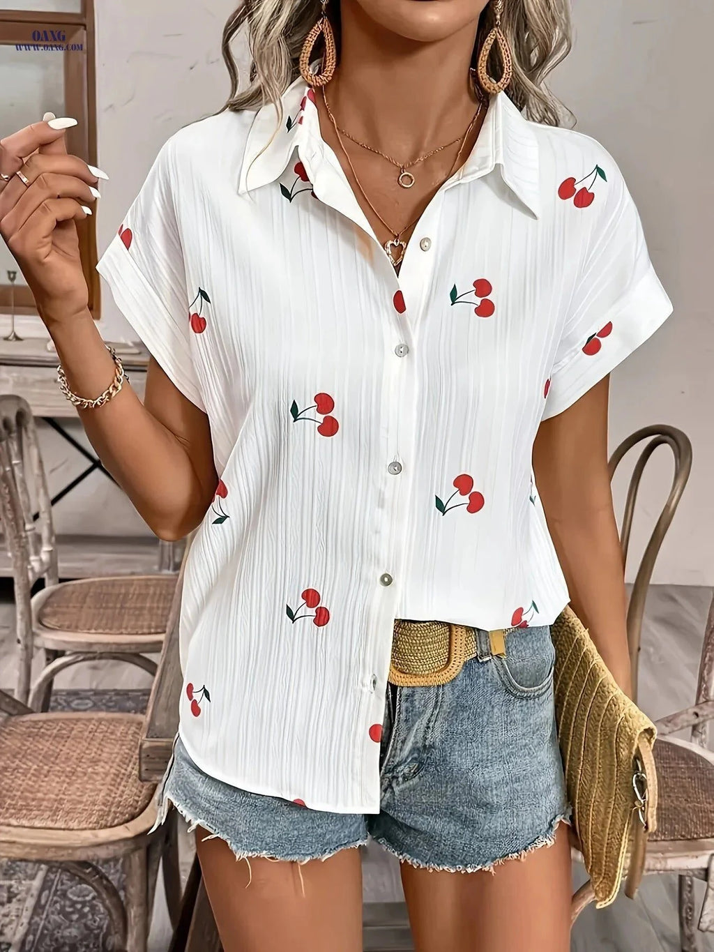 Women's Cherry Print Button-Up Shirt - Lightweight Casual Blouse   OAXG Multicolor / S