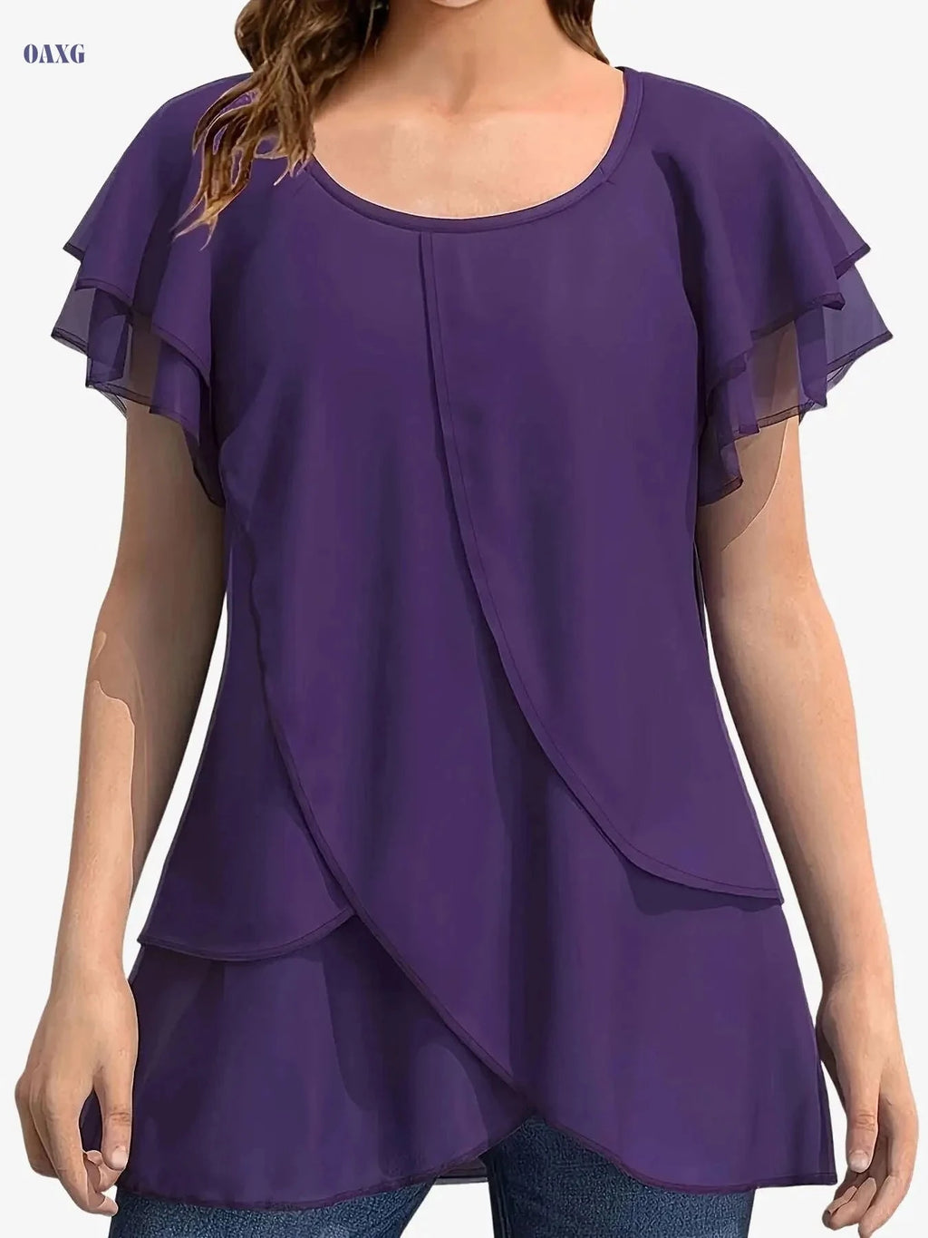 Women's Chiffon Blouse - Ruffle Sleeve, Asymmetrical Hem Top   OAXG 