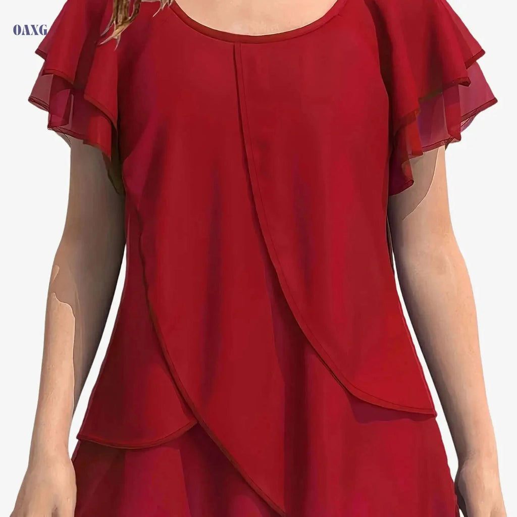 Women's Chiffon Blouse - Ruffle Sleeve, Asymmetrical Hem Top   OAXG 