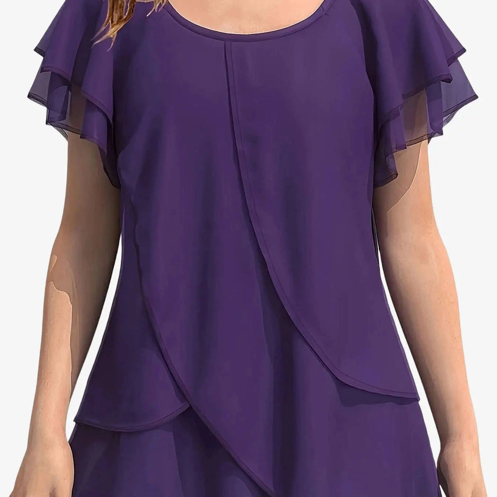 Women's Chiffon Blouse - Ruffle Sleeve, Asymmetrical Hem Top   OAXG 