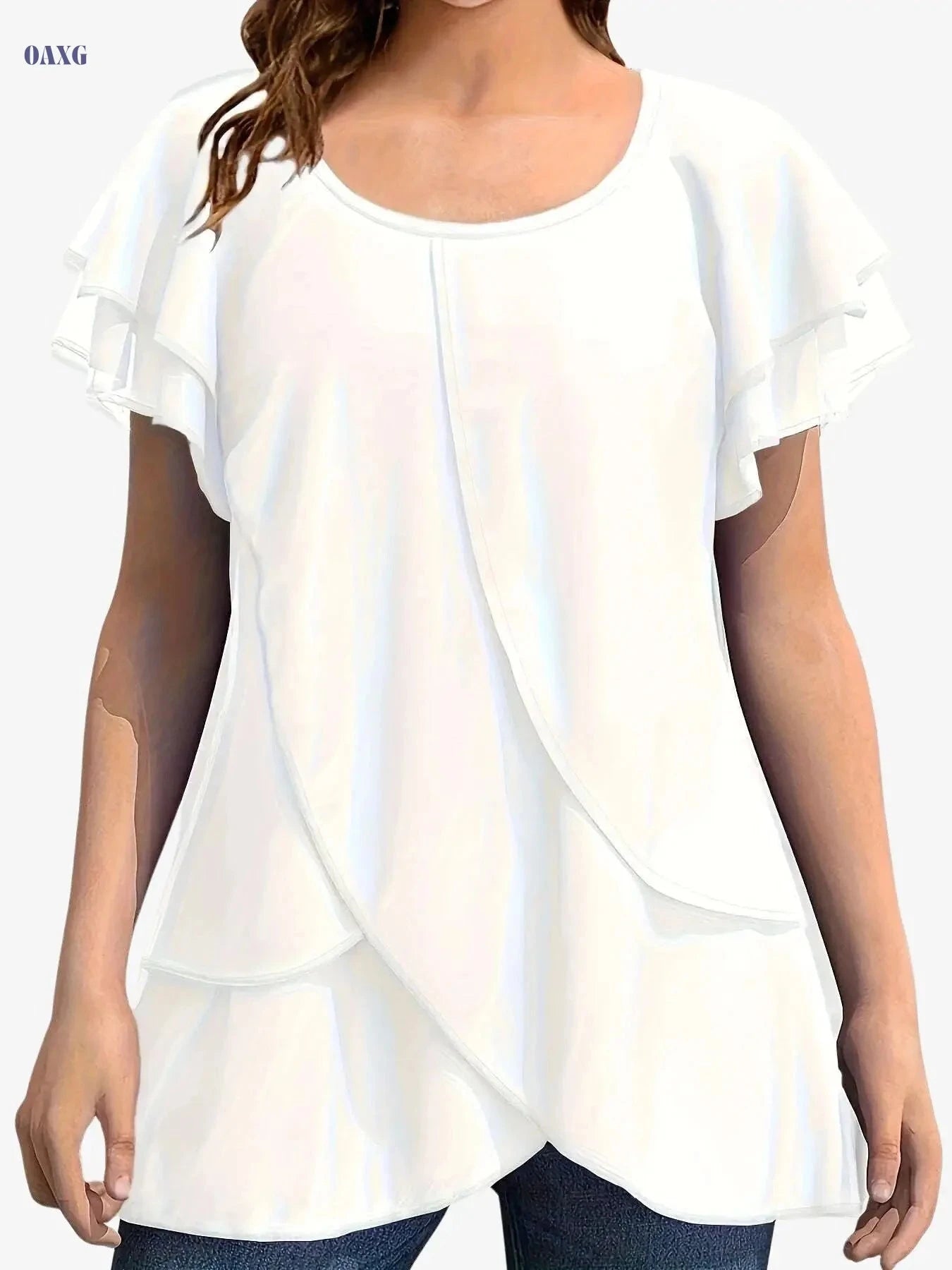 Women's Chiffon Blouse - Ruffle Sleeve, Asymmetrical Hem Top   OAXG Red / S