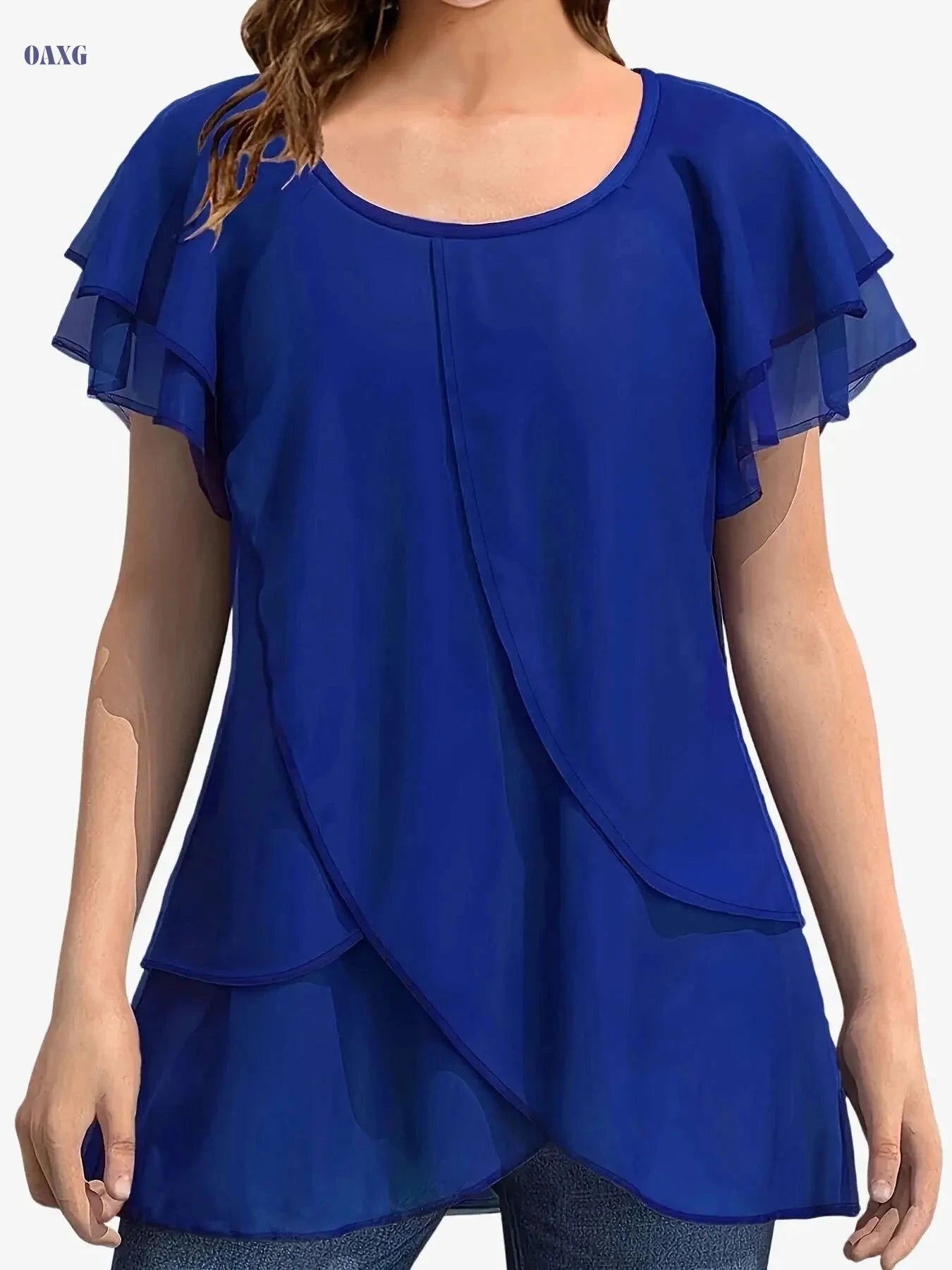 Women's Chiffon Blouse - Ruffle Sleeve, Asymmetrical Hem Top   OAXG Red / S
