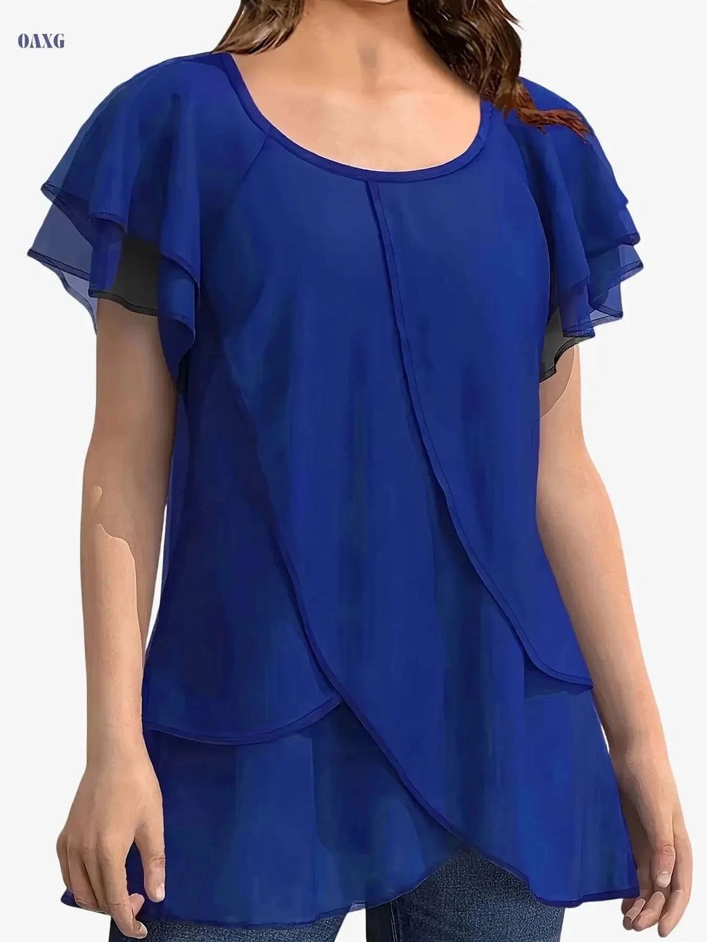 Women's Chiffon Blouse - Ruffle Sleeve, Asymmetrical Hem Top   OAXG Red / S