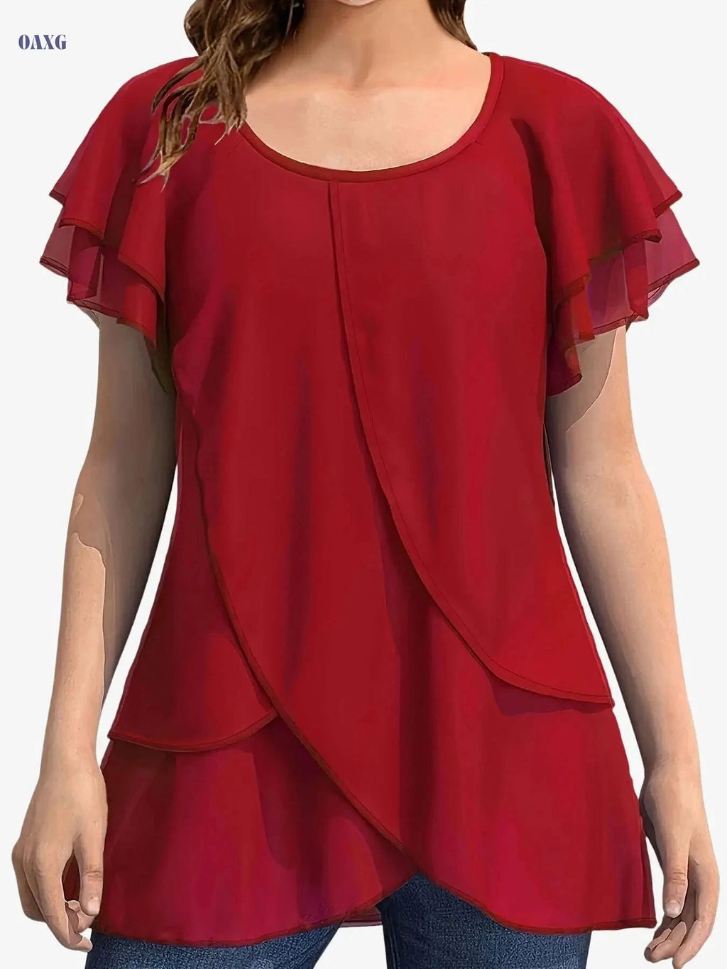 Women's Chiffon Blouse - Ruffle Sleeve, Asymmetrical Hem Top   OAXG Red / S