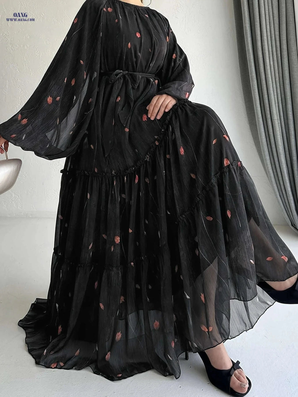 Women's Chiffon Print Dress - Color Block Design, Micro Elasticity   OAXG 