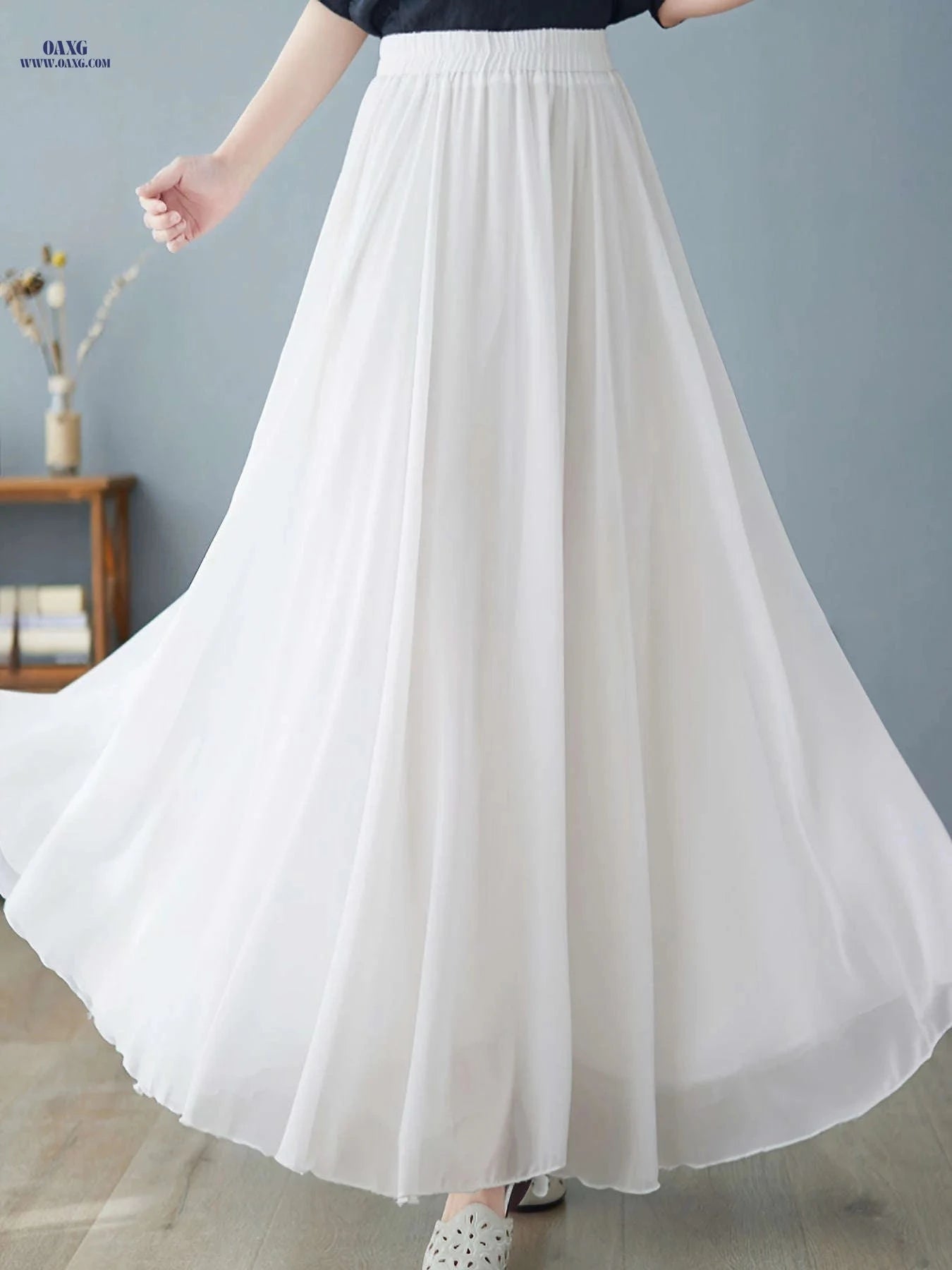 Women's Chiffon Skirt - Stretchy High-Waisted Flared A-Line Maxi Dress   OAXG 