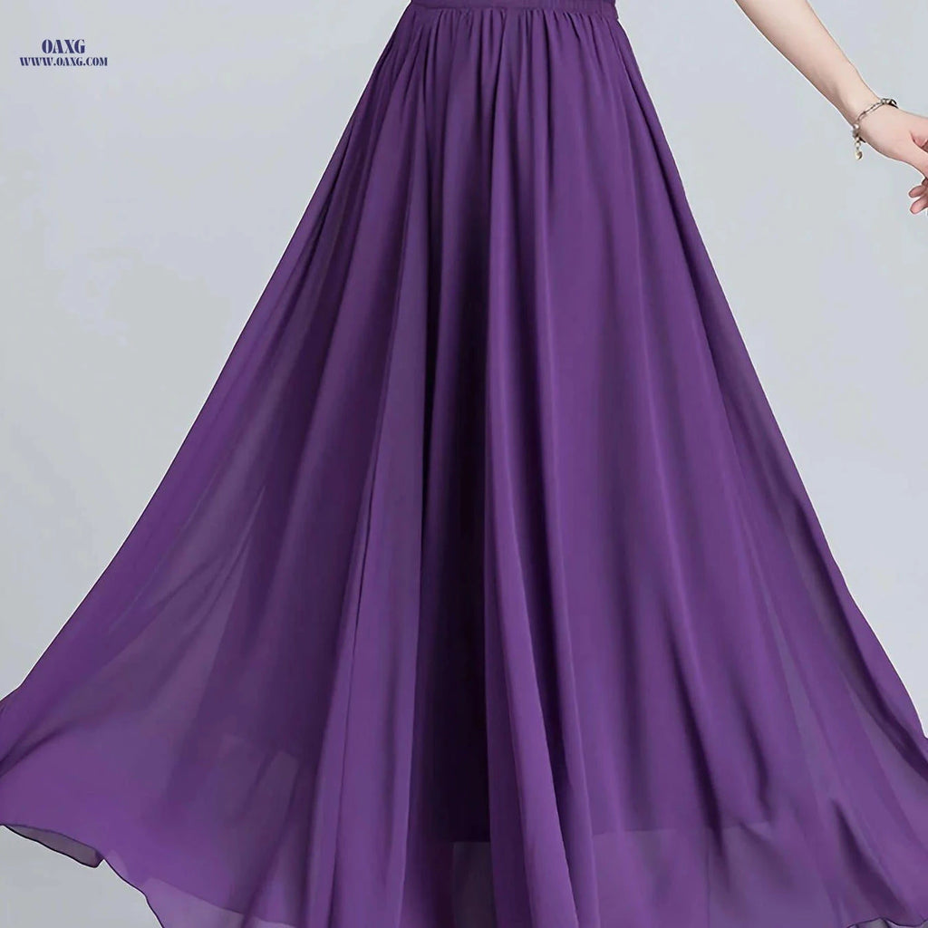 Women's Chiffon Skirt - Stretchy High-Waisted Flared A-Line Maxi Dress   OAXG Purple / S