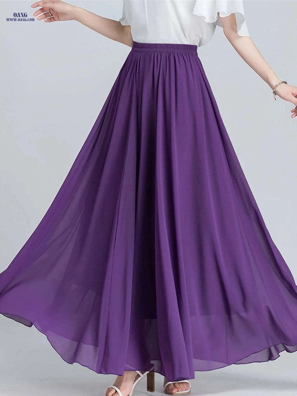 Women's Chiffon Skirt - Stretchy High-Waisted Flared A-Line Maxi Dress   OAXG Purple / S