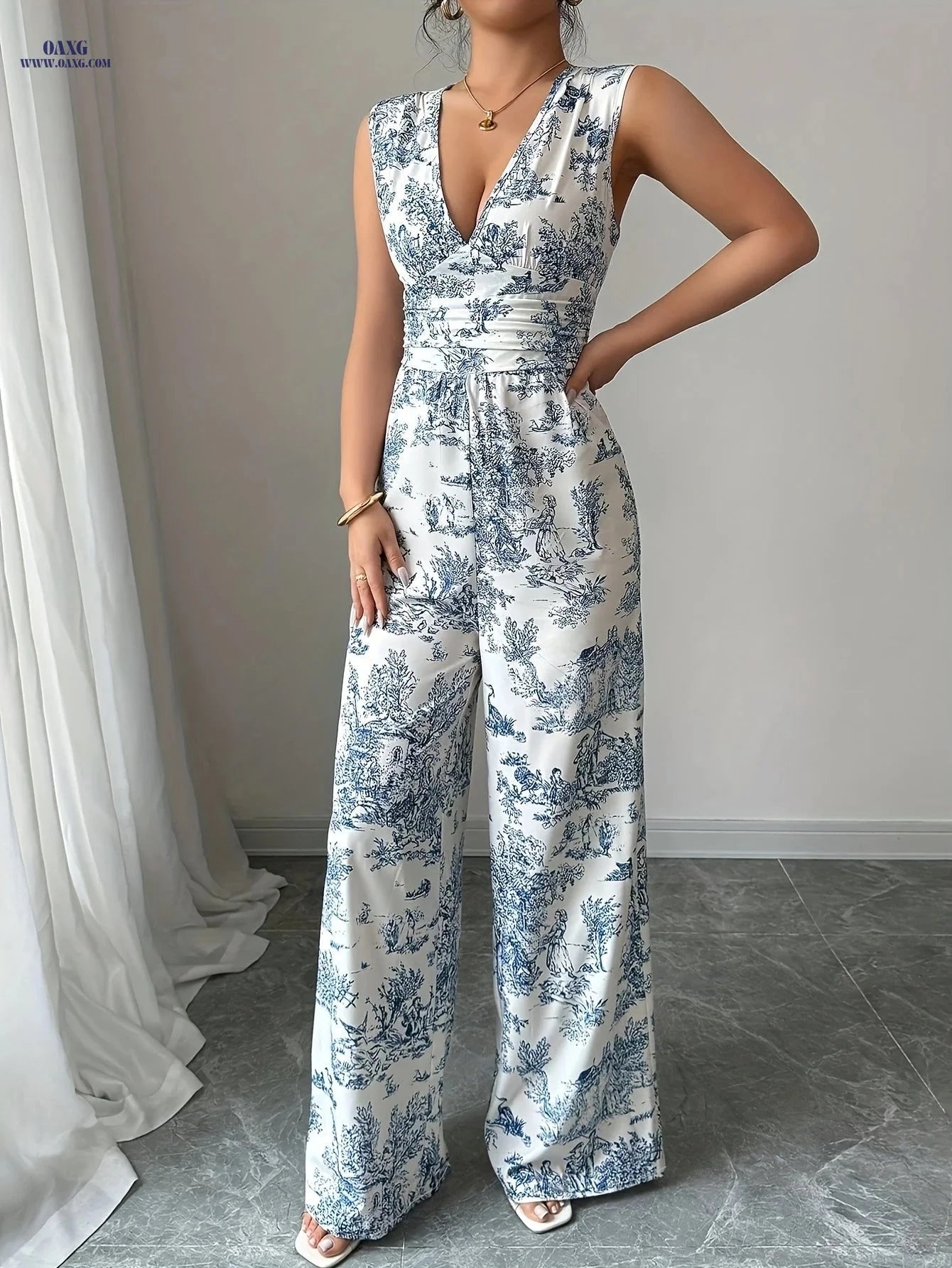 Women's Chinese Print V-Neck Jumpsuit - Elegant Summer Bodysuit   OAXG 