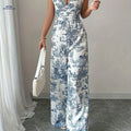 Women's Chinese Print V-Neck Jumpsuit - Elegant Summer Bodysuit   OAXG 