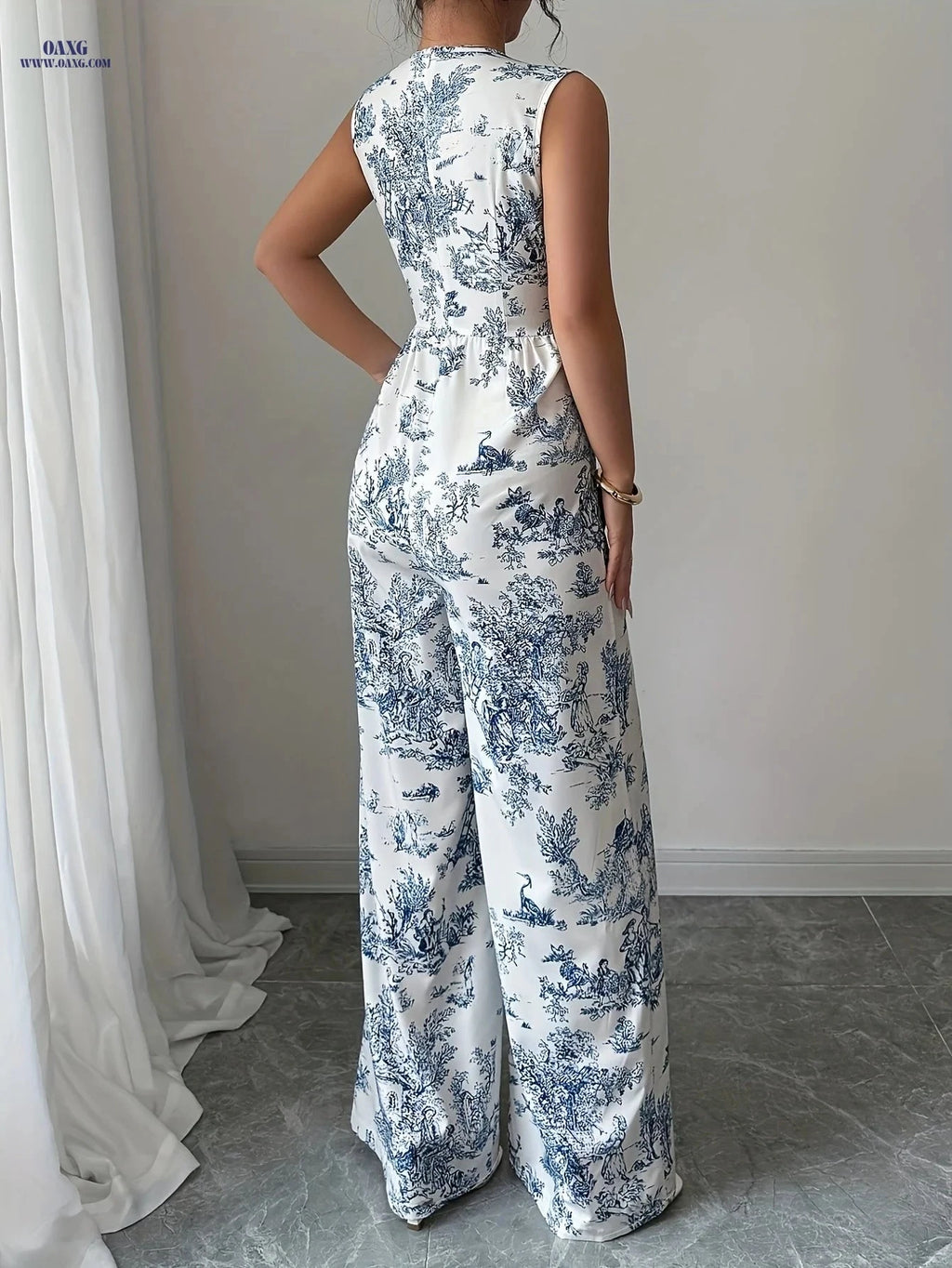 Women's Chinese Print V-Neck Jumpsuit - Elegant Summer Bodysuit   OAXG Blue / XS
