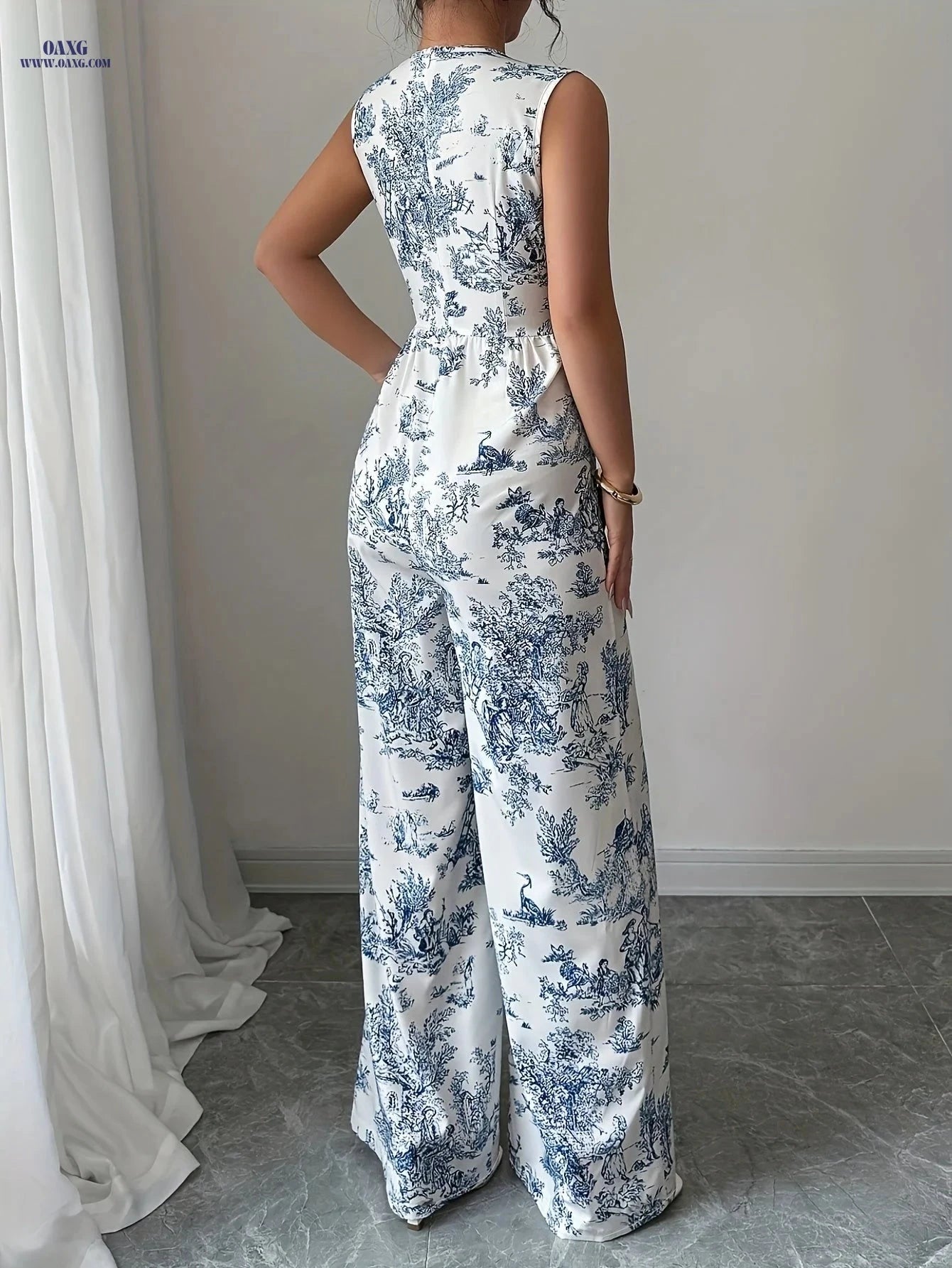 Women's Chinese Print V-Neck Jumpsuit - Elegant Summer Bodysuit   OAXG Blue / XS