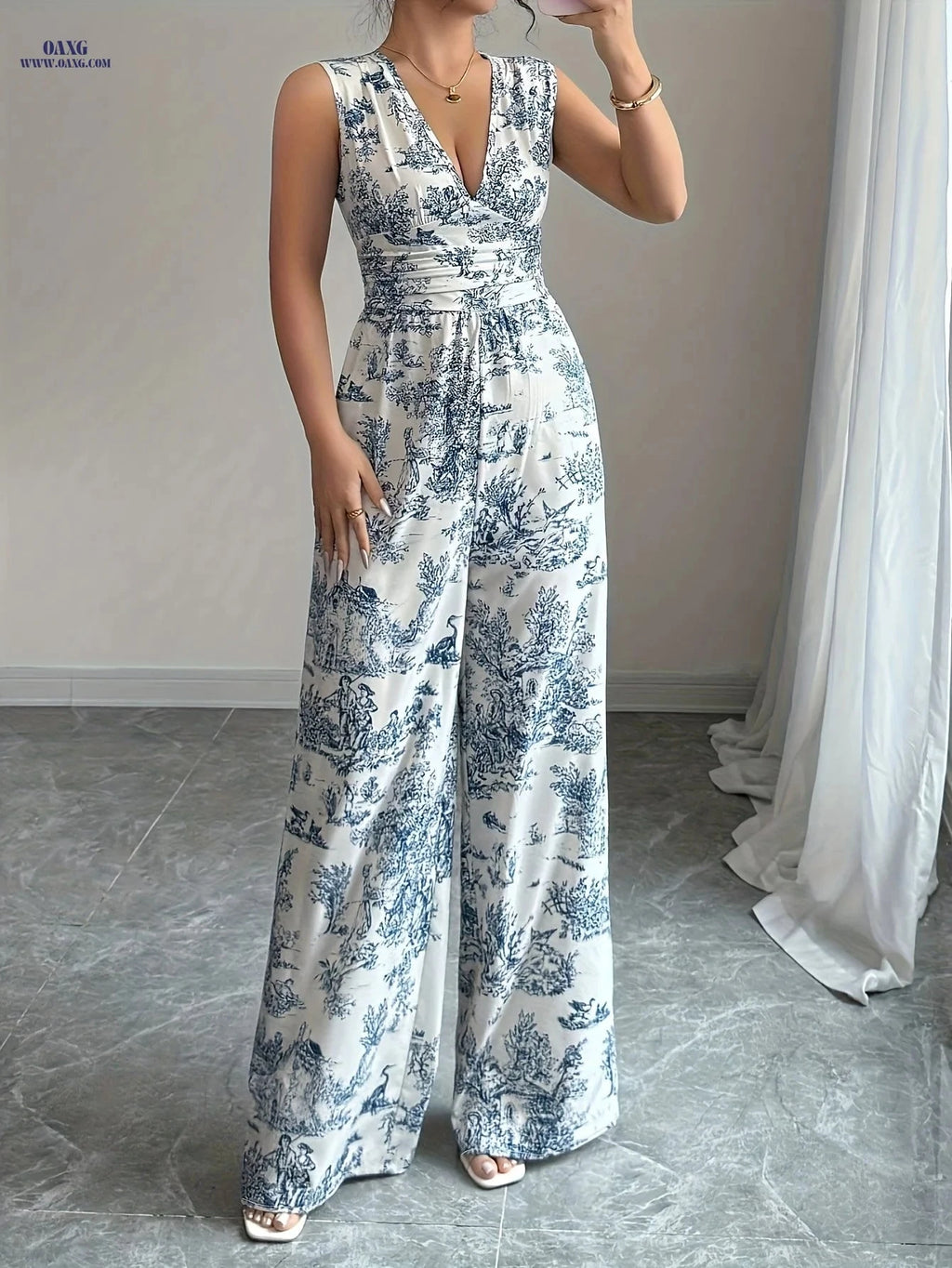 Women's Chinese Print V-Neck Jumpsuit - Elegant Summer Bodysuit   OAXG 