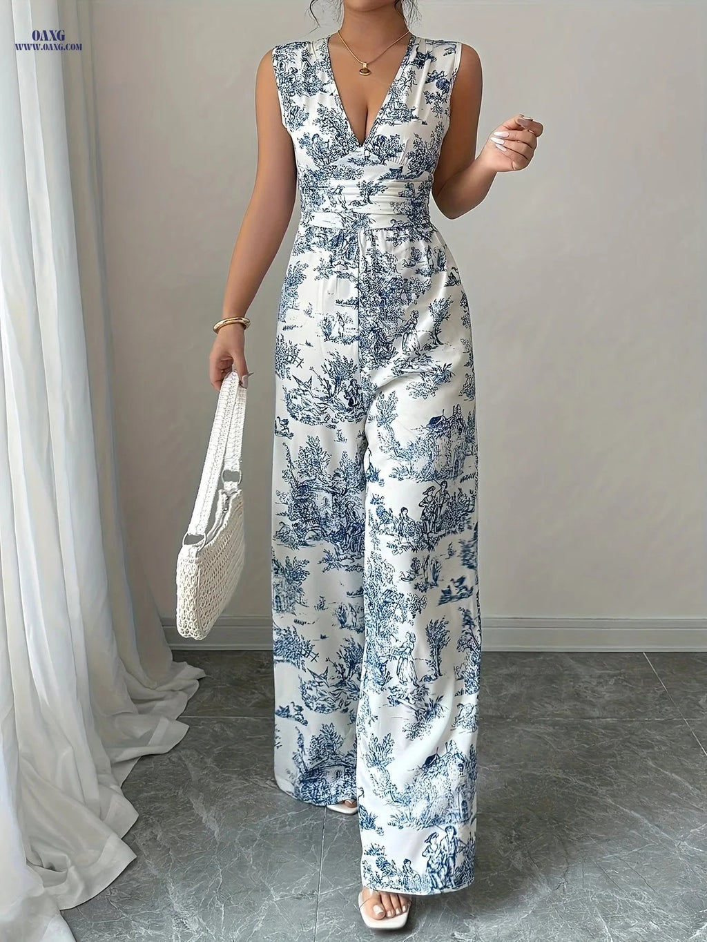 Women's Chinese Print V-Neck Jumpsuit - Elegant Summer Bodysuit   OAXG 