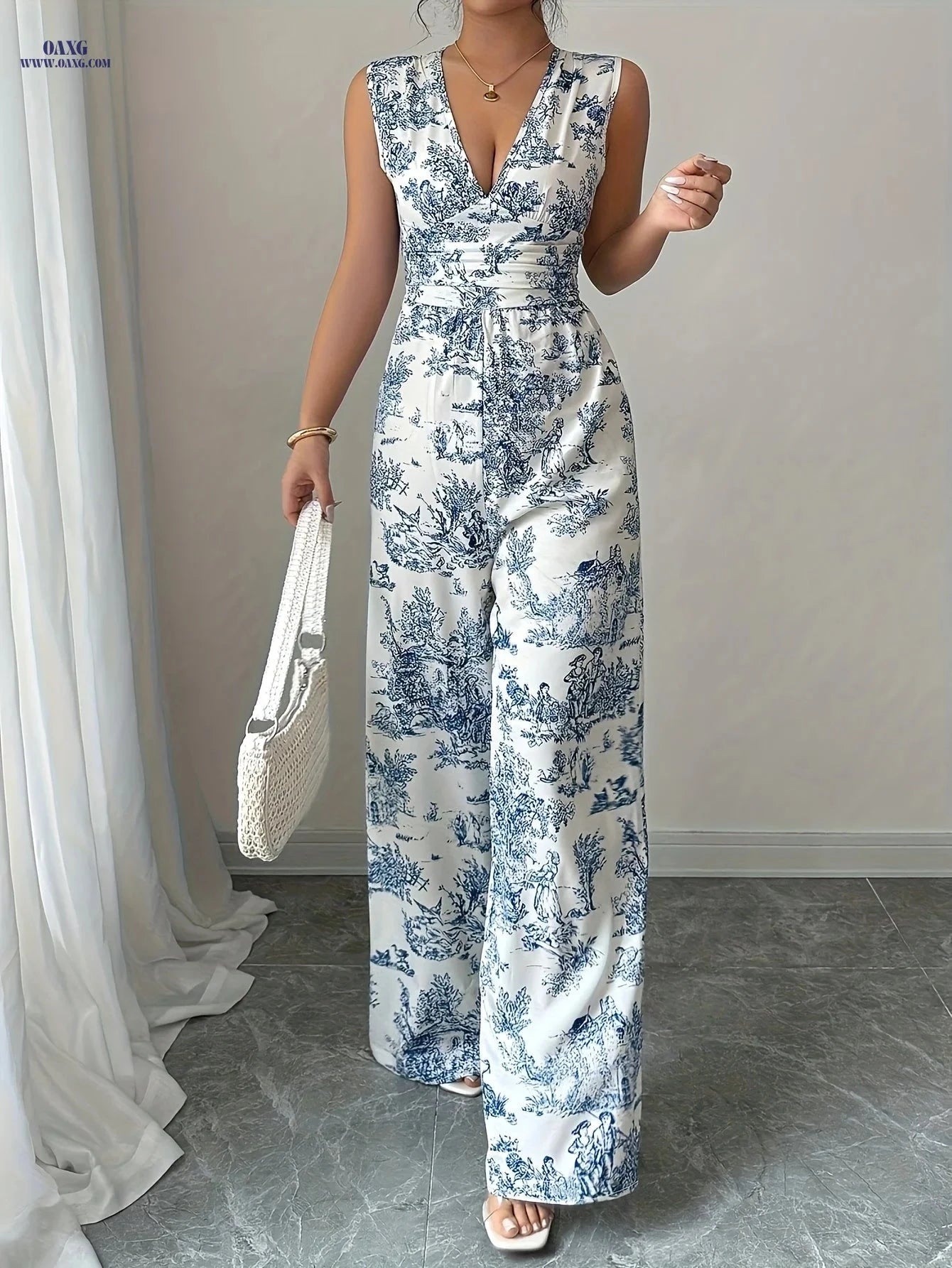 Women's Chinese Print V-Neck Jumpsuit - Elegant Summer Bodysuit   OAXG 