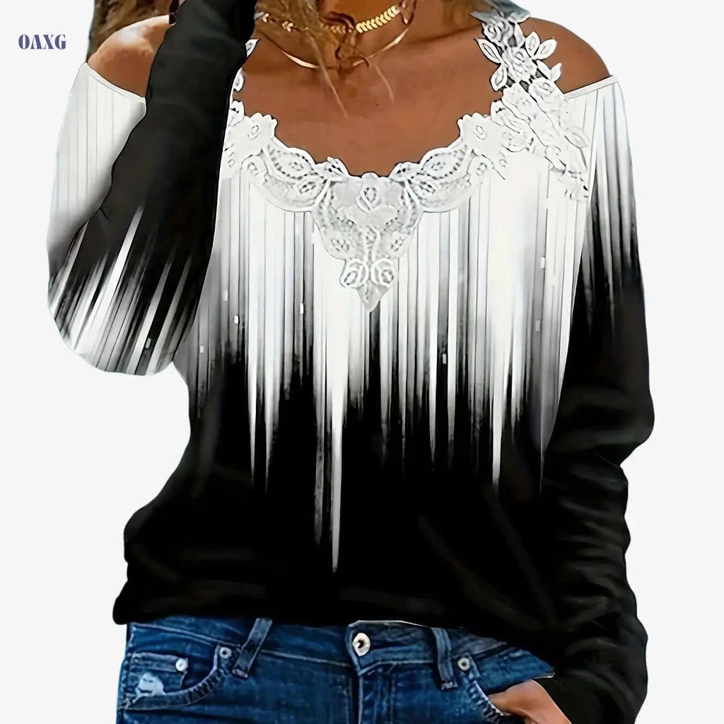 Women's Cold Shoulder Gradient Print T-Shirt - Casual V-neck Style   OAXG Multicolor / S