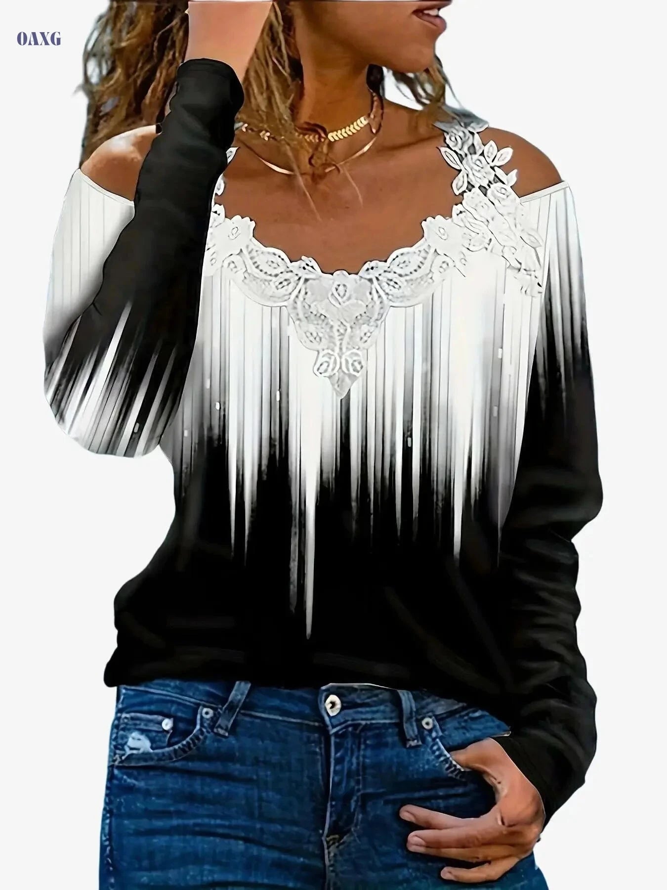 Women's Cold Shoulder Gradient Print T-Shirt - Casual V-neck Style   OAXG Multicolor / S