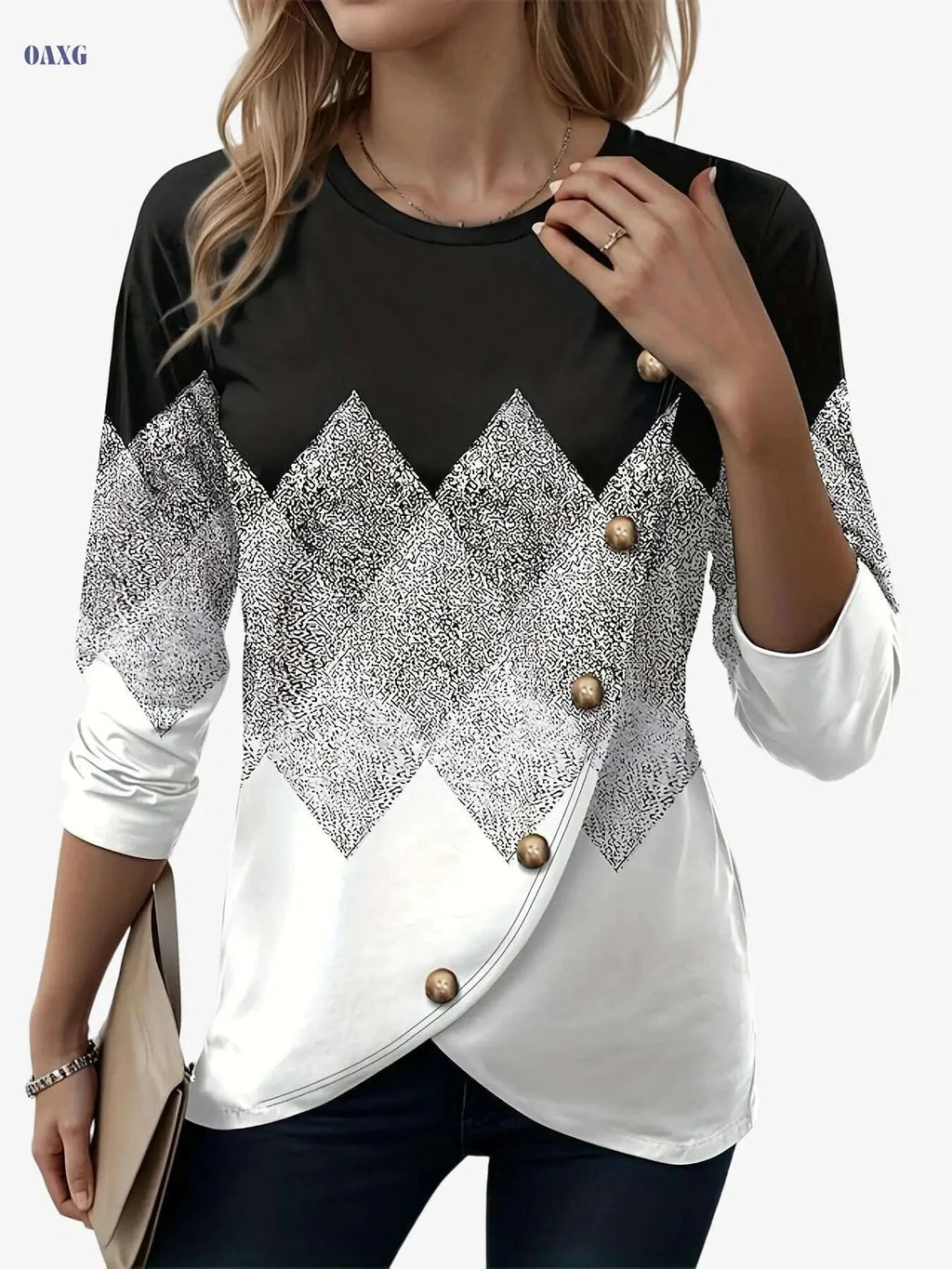 Women's Color Block Crew Neck T-Shirt - Elegant Button Long Sleeve   OAXG 