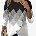 Women's Color Block Crew Neck T-Shirt - Elegant Button Long Sleeve   OAXG 