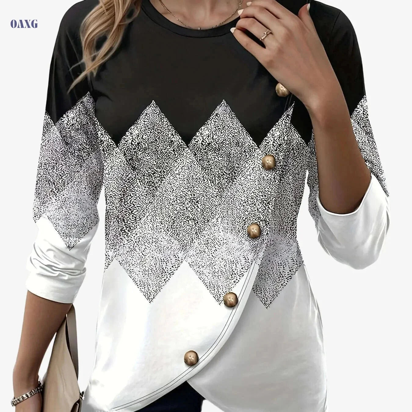 Women's Color Block Crew Neck T-Shirt - Elegant Button Long Sleeve   OAXG 