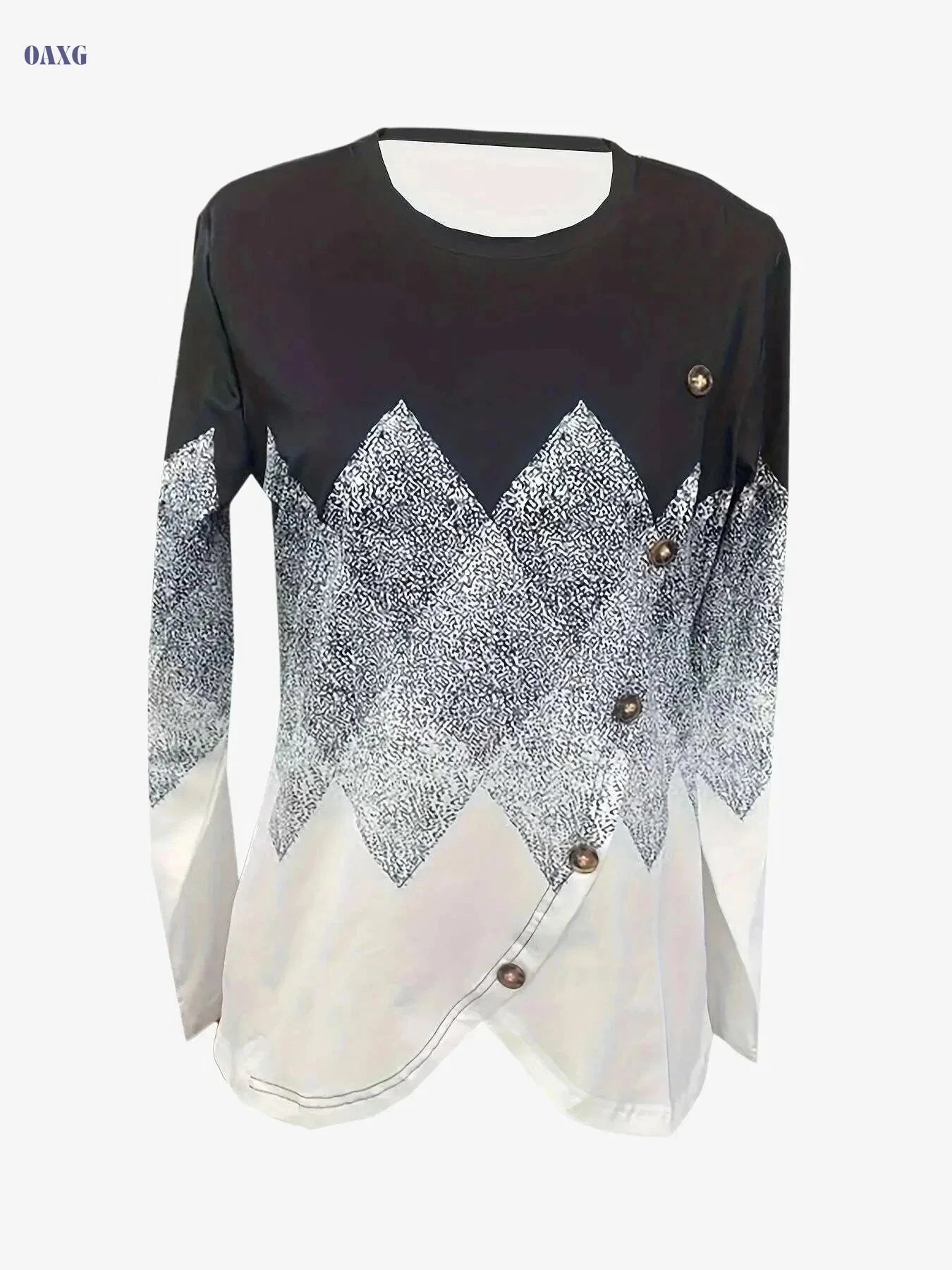 Women's Color Block Crew Neck T-Shirt - Elegant Button Long Sleeve   OAXG Mixed Color / S