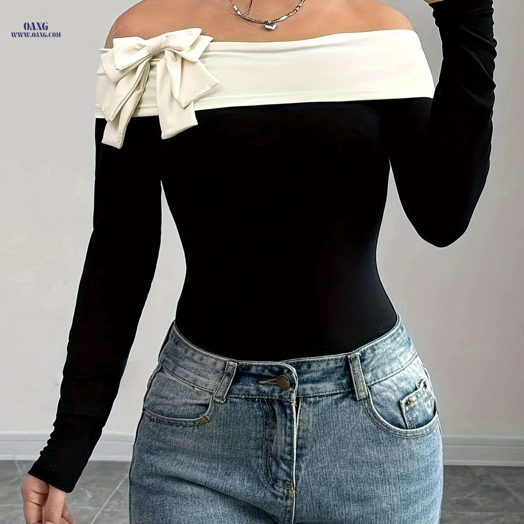 Women's Color-Block Off-Shoulder Bodysuit - Elegant Bow Decor   OAXG 