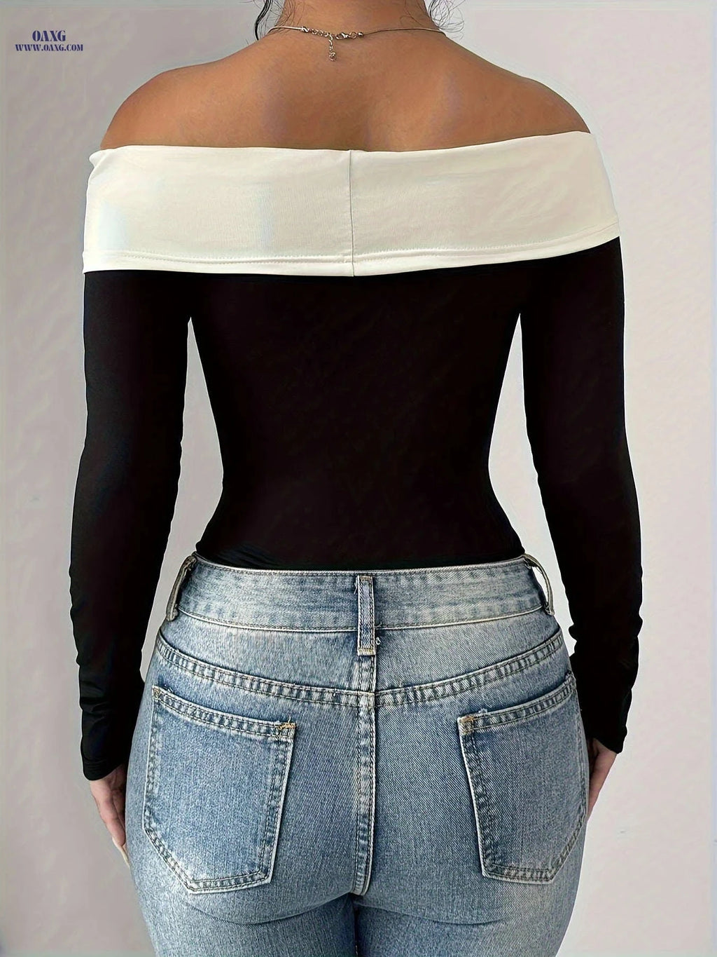 Women's Color-Block Off-Shoulder Bodysuit - Elegant Bow Decor   OAXG Black / S