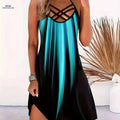 Women's Color Block Slip Dress - Cross Strap Detail, Vibrant Teal & Black   OAXG 