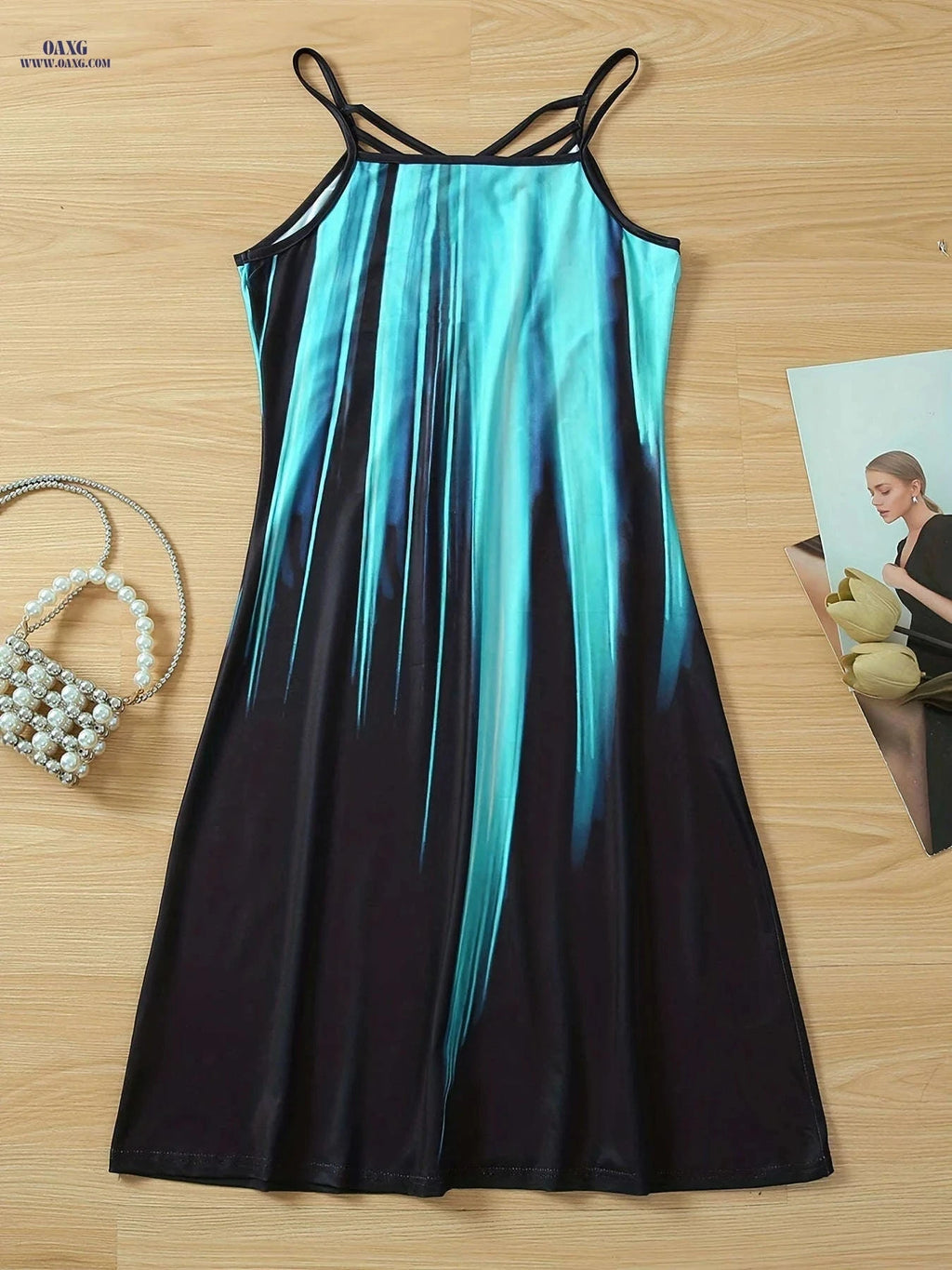 Women's Color Block Slip Dress - Cross Strap Detail, Vibrant Teal & Black   OAXG 