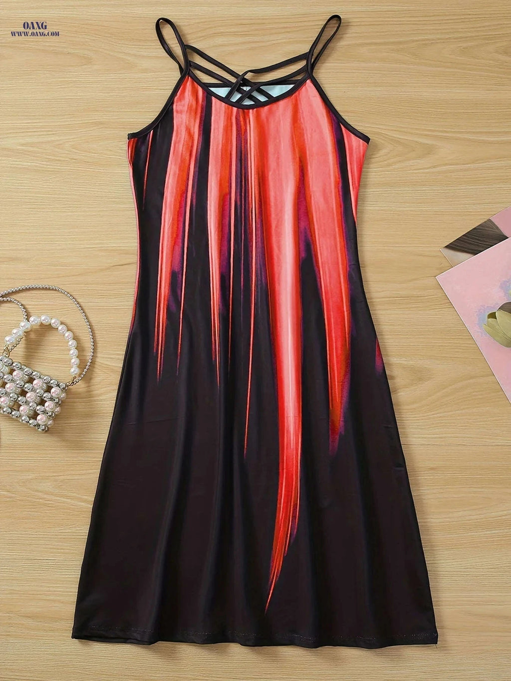Women's Color Block Slip Dress - Cross Strap Detail, Vibrant Teal & Black   OAXG Sky Blue / S