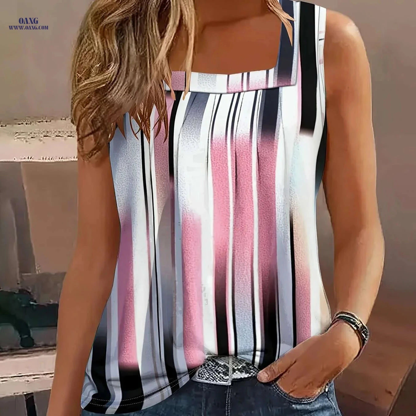 Women's Color Block Tank Top - Casual Square Neck for Summer   OAXG 