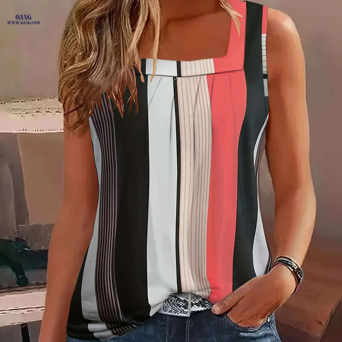 Women's Color Block Tank Top - Casual Square Neck for Summer   OAXG Ocean Green / S