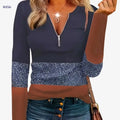 Women's Colorblock Print Zip Front Long Sleeve T-Shirt - Casual Style   OAXG Mixed Color / S