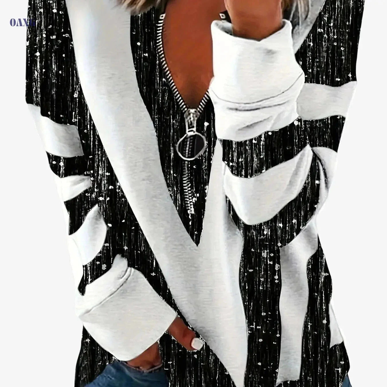 Women's Colorblock Stripe Zip Front T-Shirt - Casual Spring/Fall Style   OAXG 